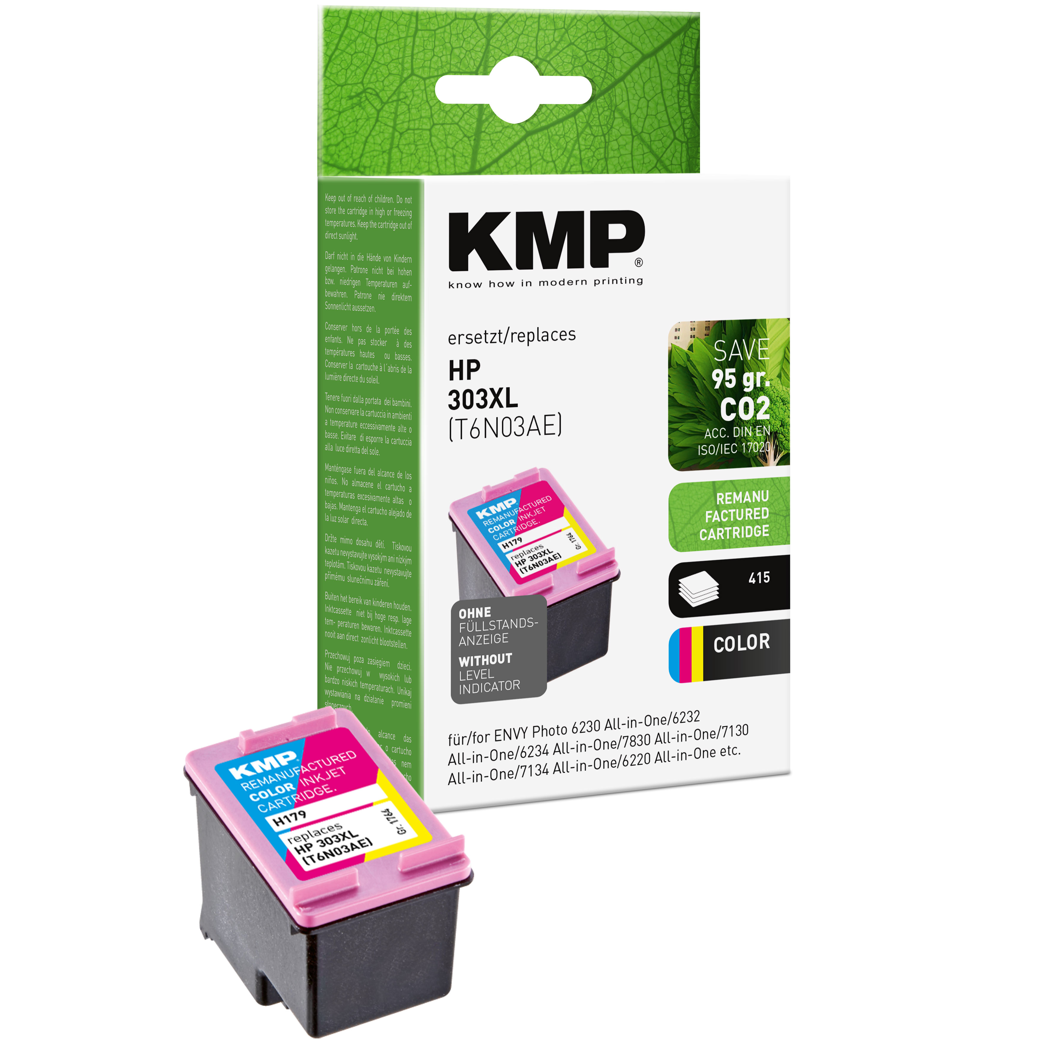 Wkład atramentowy KMP HP 303XL z różowym i żółtym, z pudełkiem produktu. Białe tło.