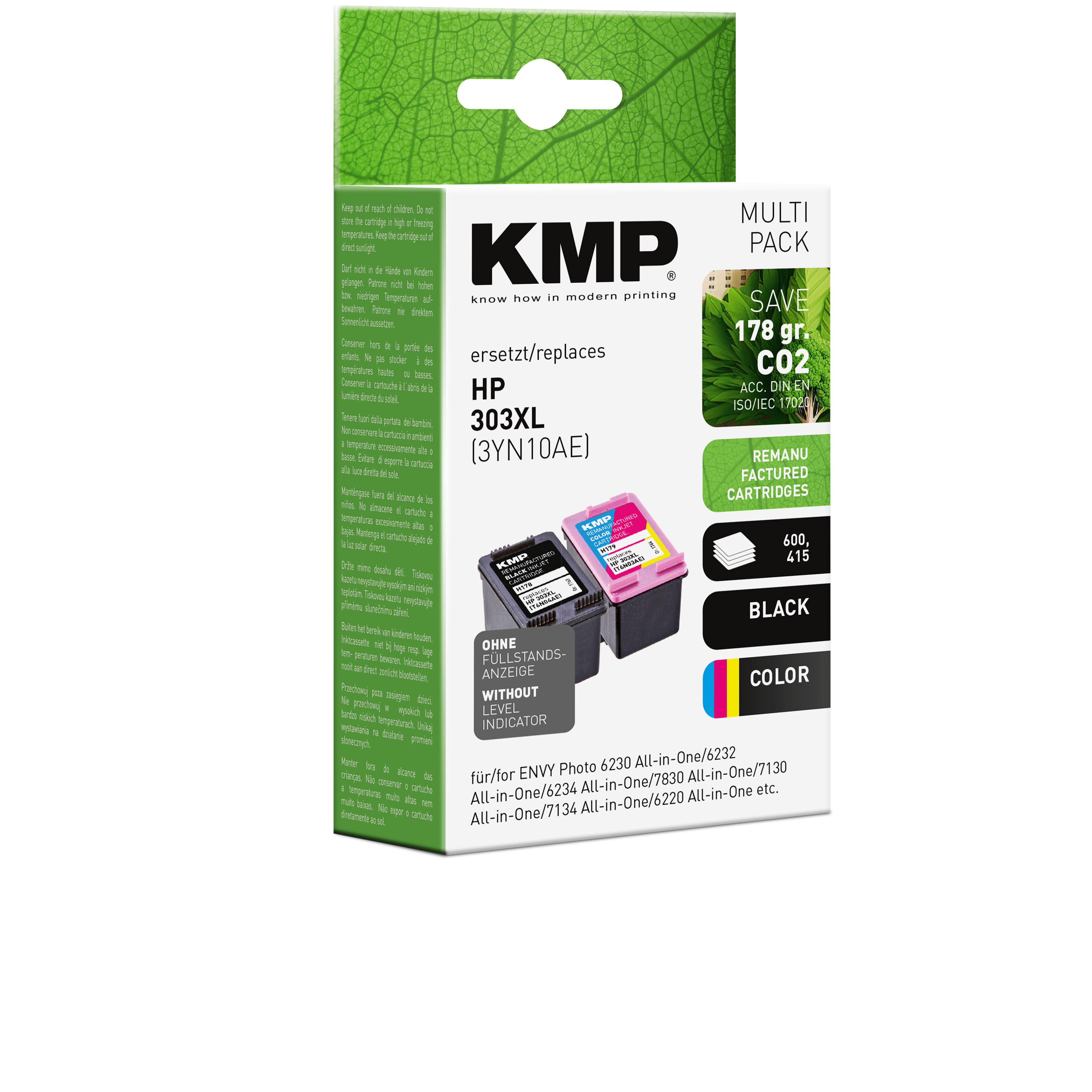 Pudełko z wkładami atramentowymi KMP HP 303XL z czarnymi, magenta i żółtymi wkładami w środku.