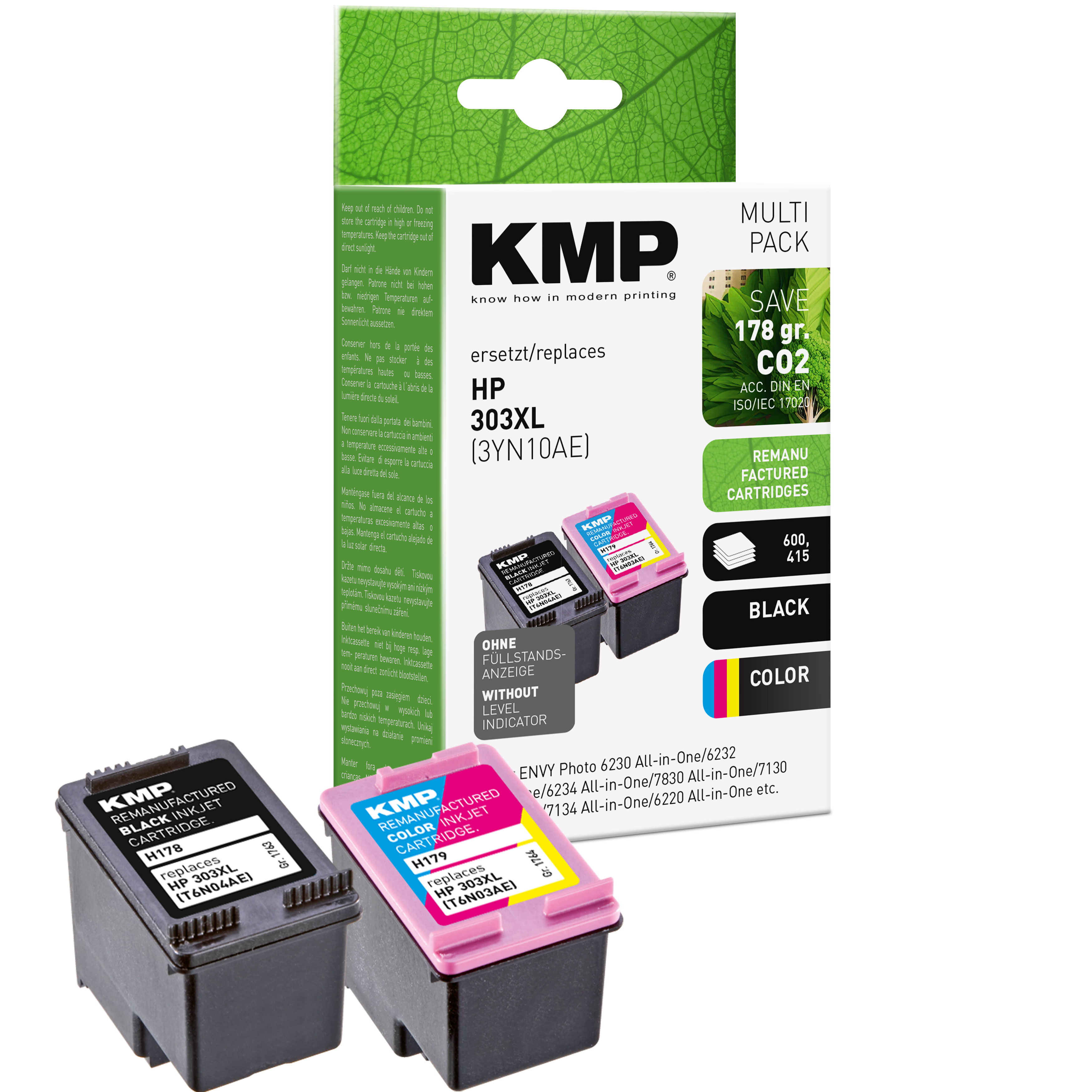 Wkłady atramentowe KMP HP 303XL, czarne i magenta. Pudełko w tle.