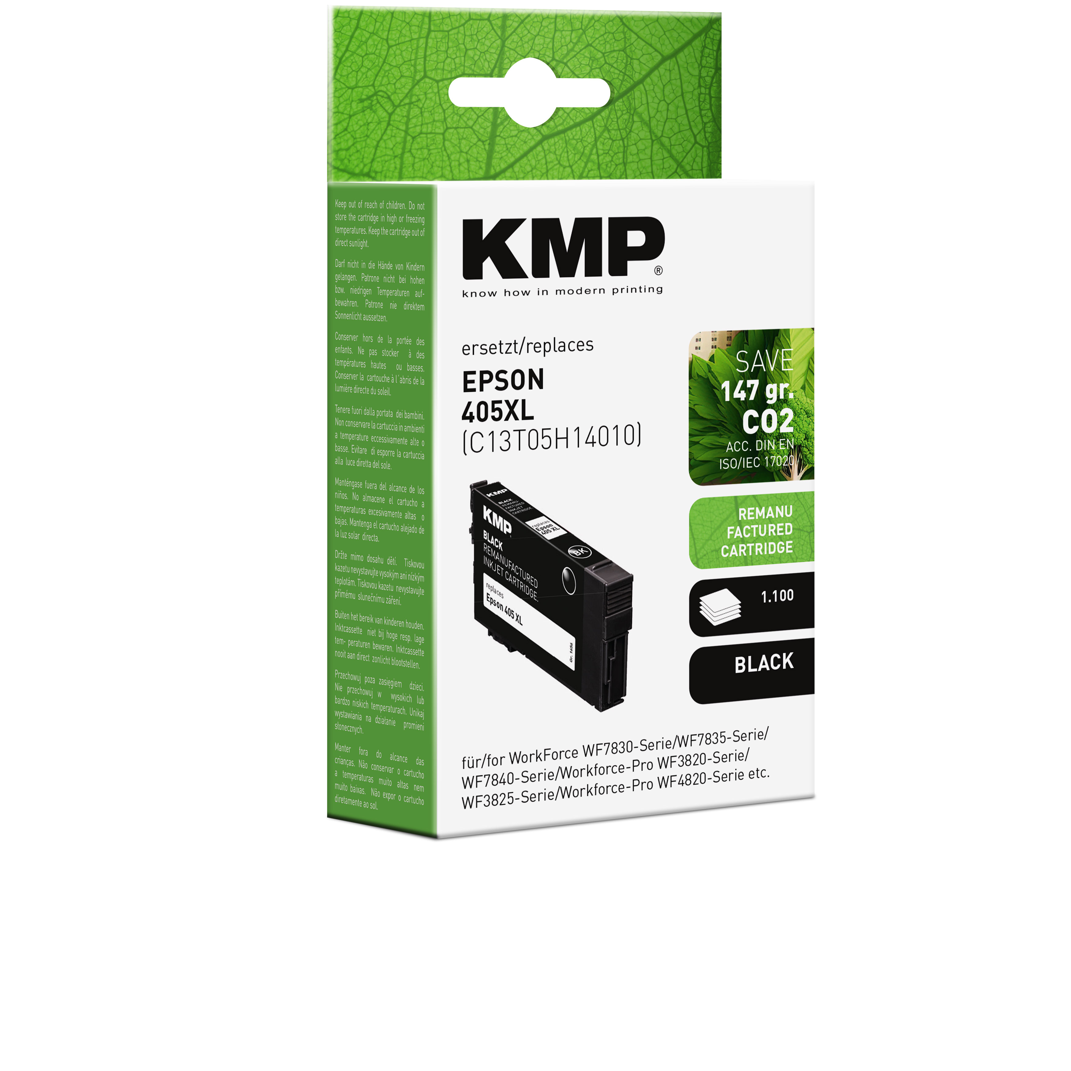Una scatola di cartucce d'inchiostro nero KMP Epson 405XL e la cartuccia nera all'interno.
