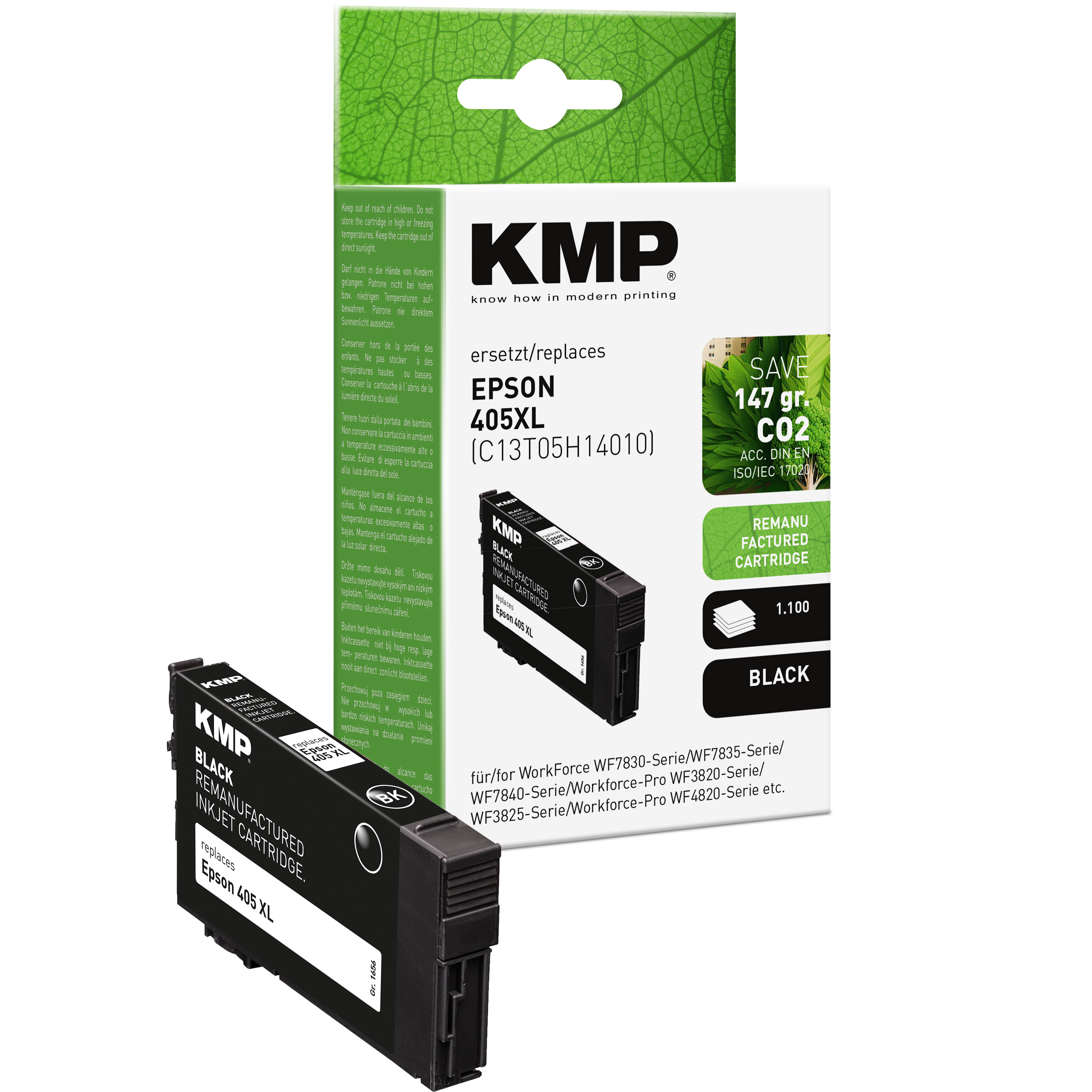 Scatola di cartucce d'inchiostro nero KMP Epson 405XL e la cartuccia nera davanti.