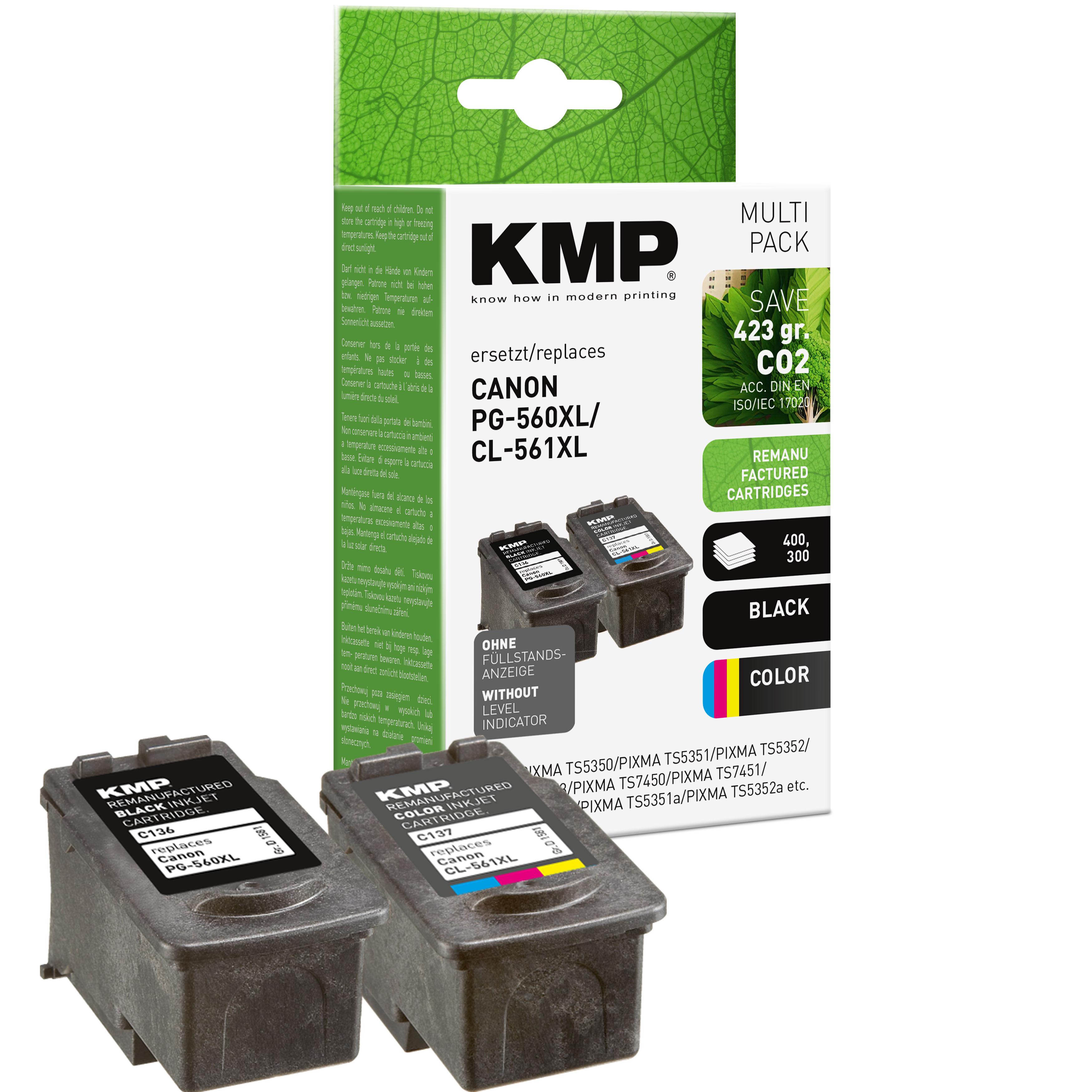 Cartucce d'inchiostro KMP Canon PG-560XL/CL-561XL, nero e colore. La scatola è sullo sfondo.