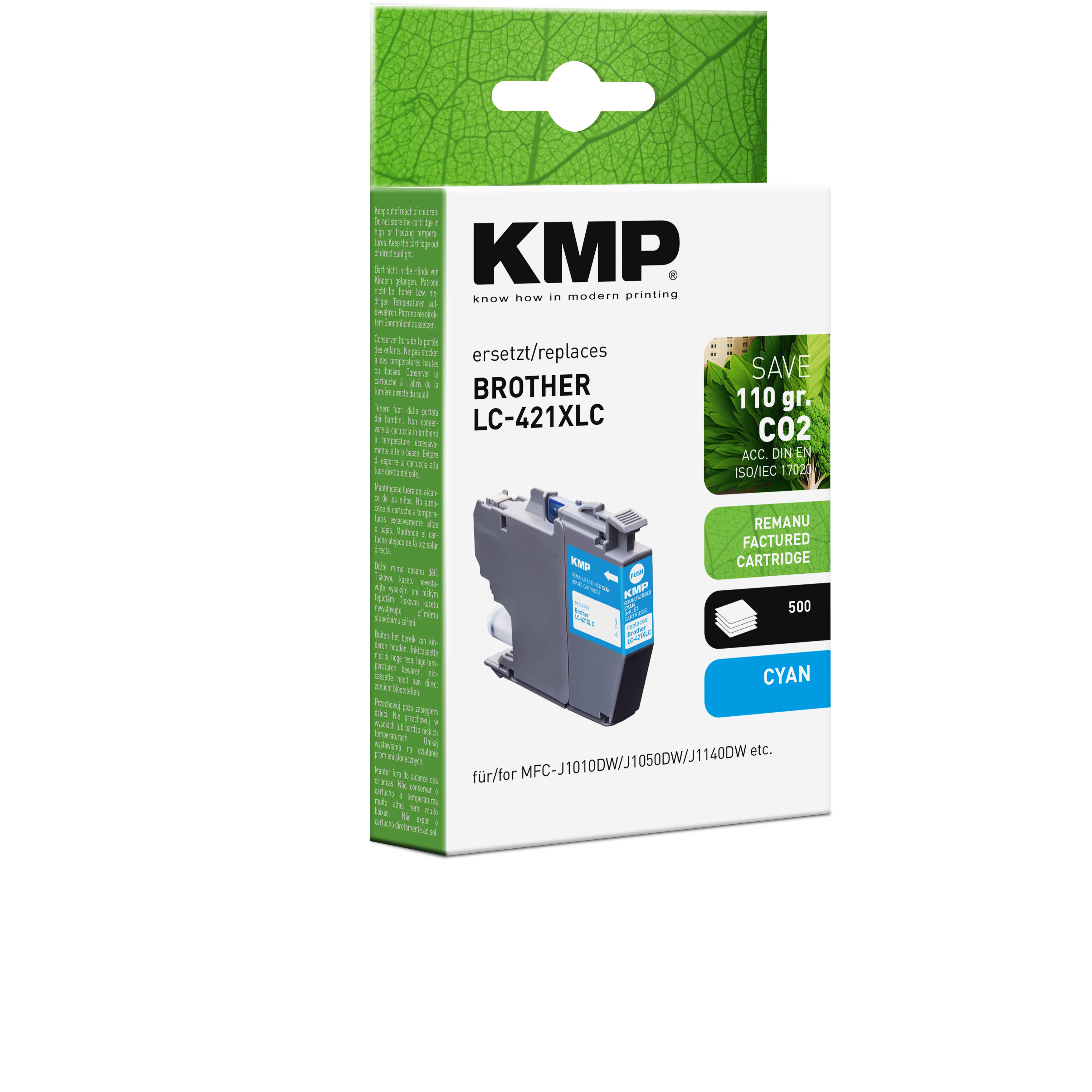 Scatola di cartucce d'inchiostro ciano KMP Brother LC-421XLC e la cartuccia ciano davanti.