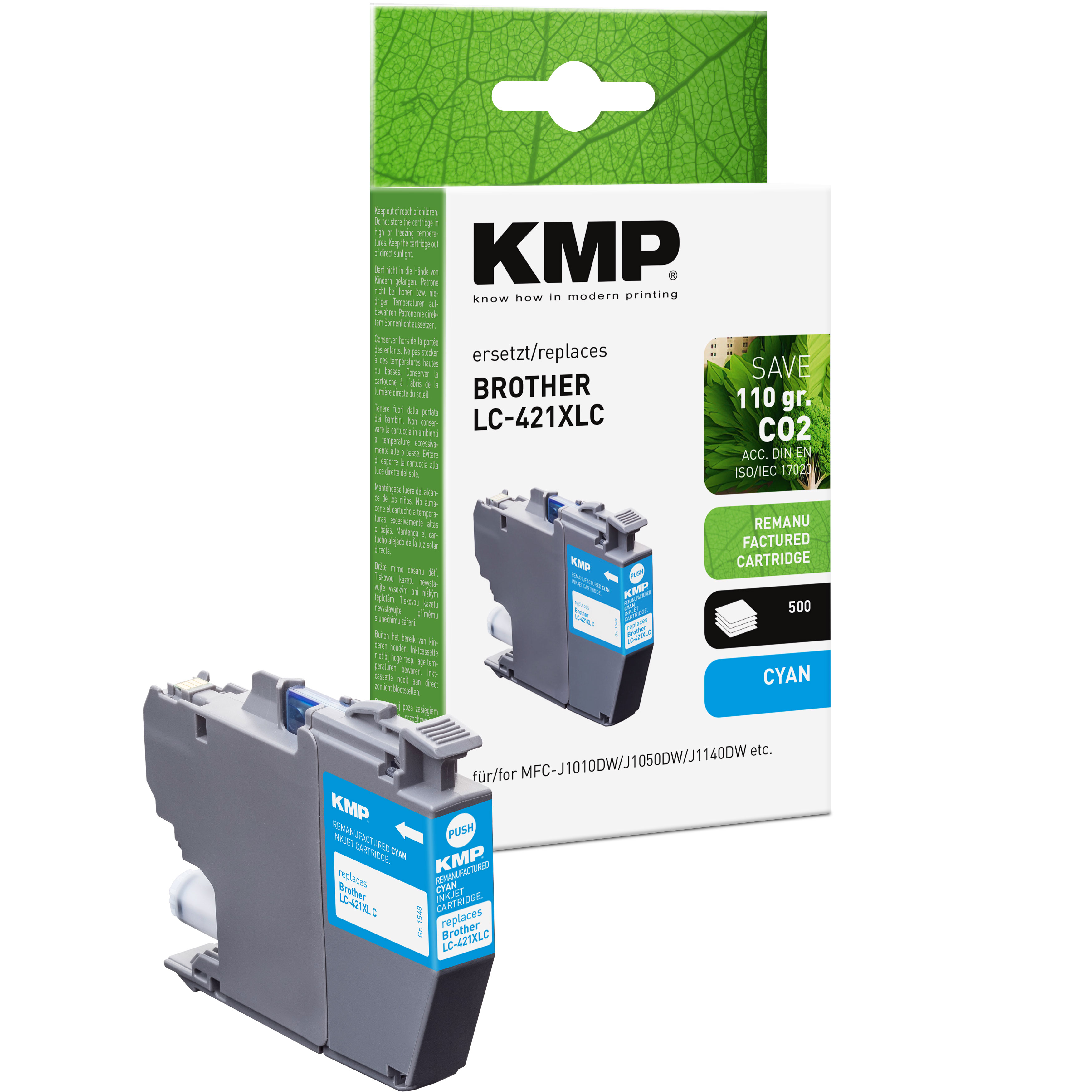 Scatola di cartucce d'inchiostro ciano KMP Brother LC-421XLC e la cartuccia ciano davanti.