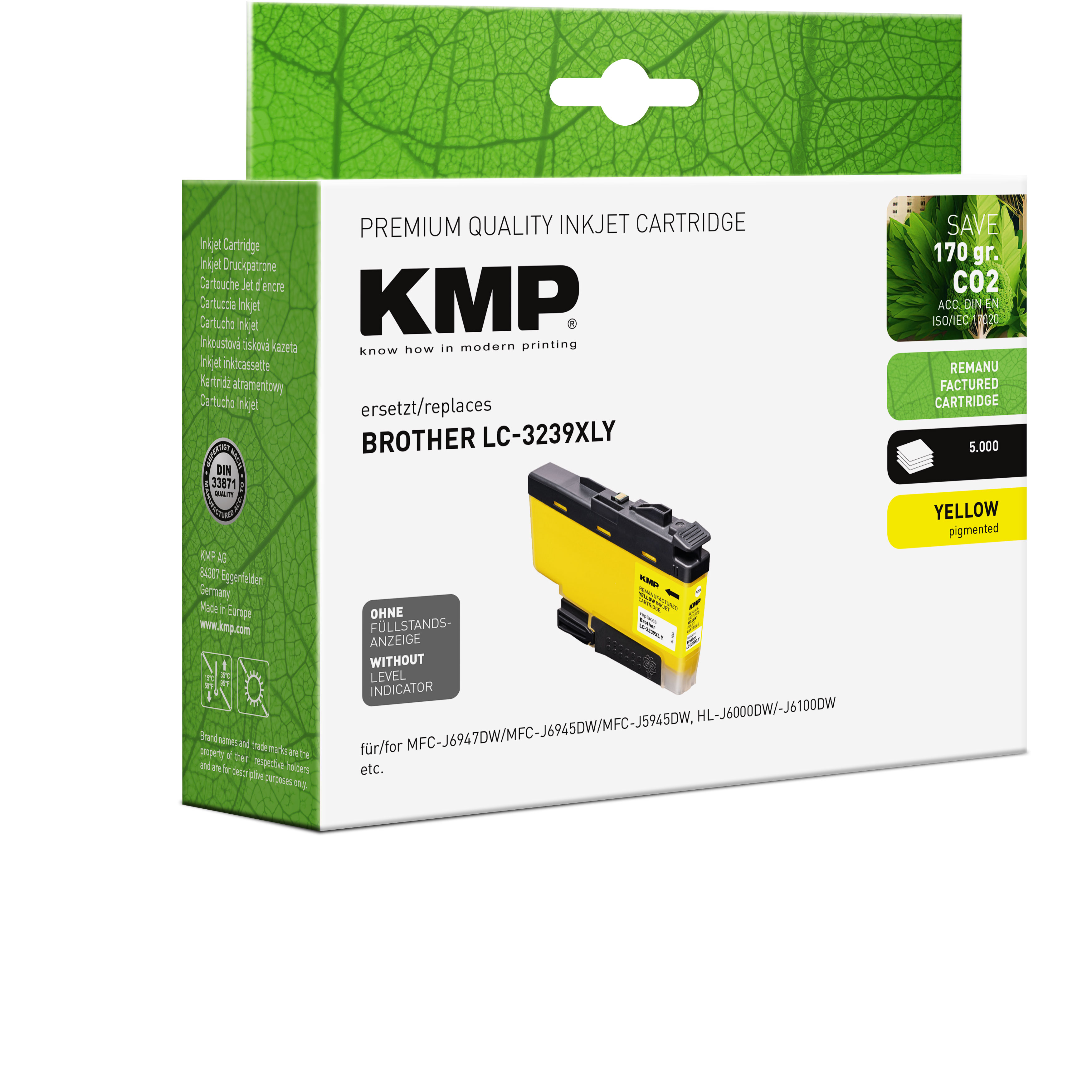 Una scatola di cartucce d'inchiostro giallo KMP Brother LC-3239XLY e la cartuccia.