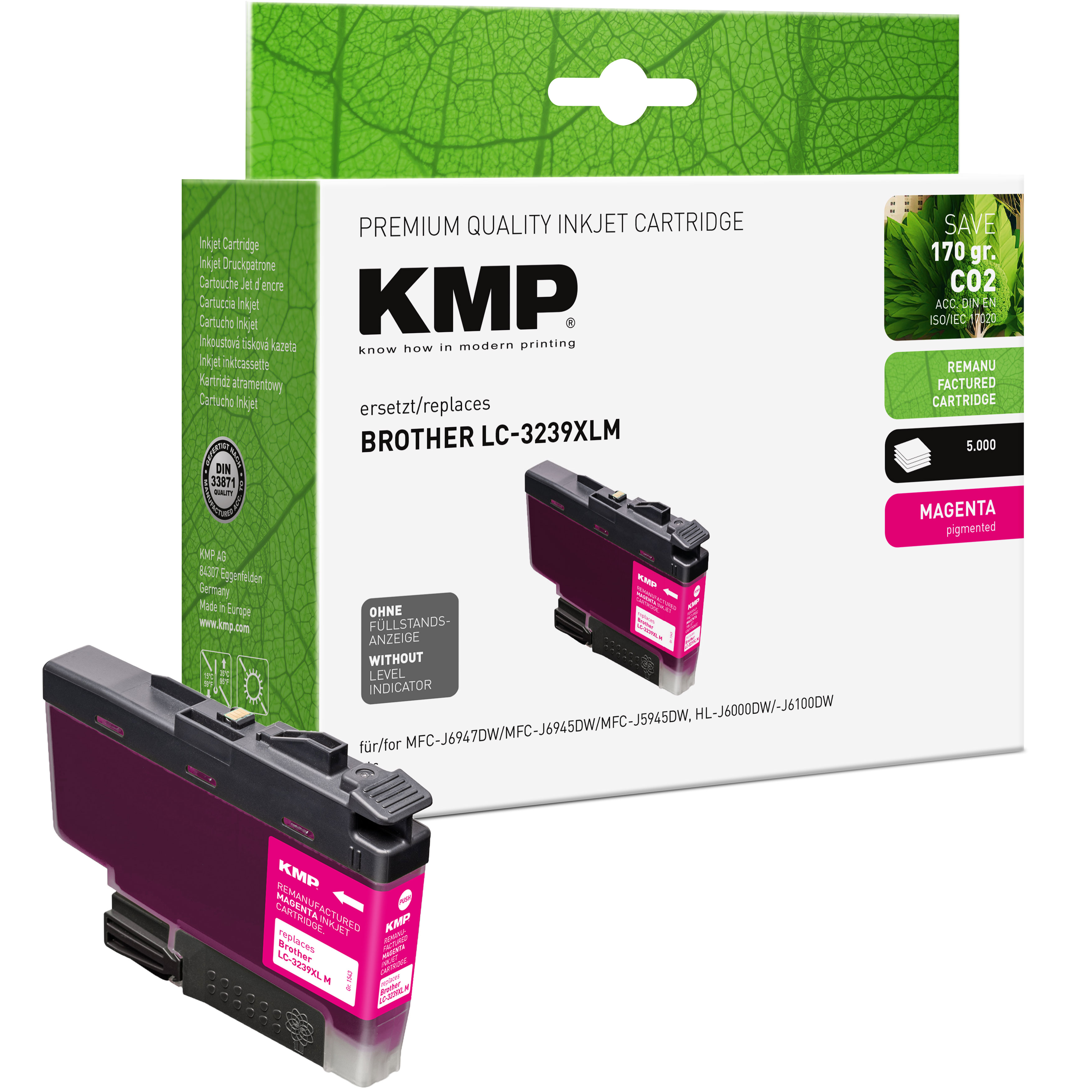 Una scatola di cartucce d'inchiostro KMP magenta. La scatola mostra la cartuccia magenta.