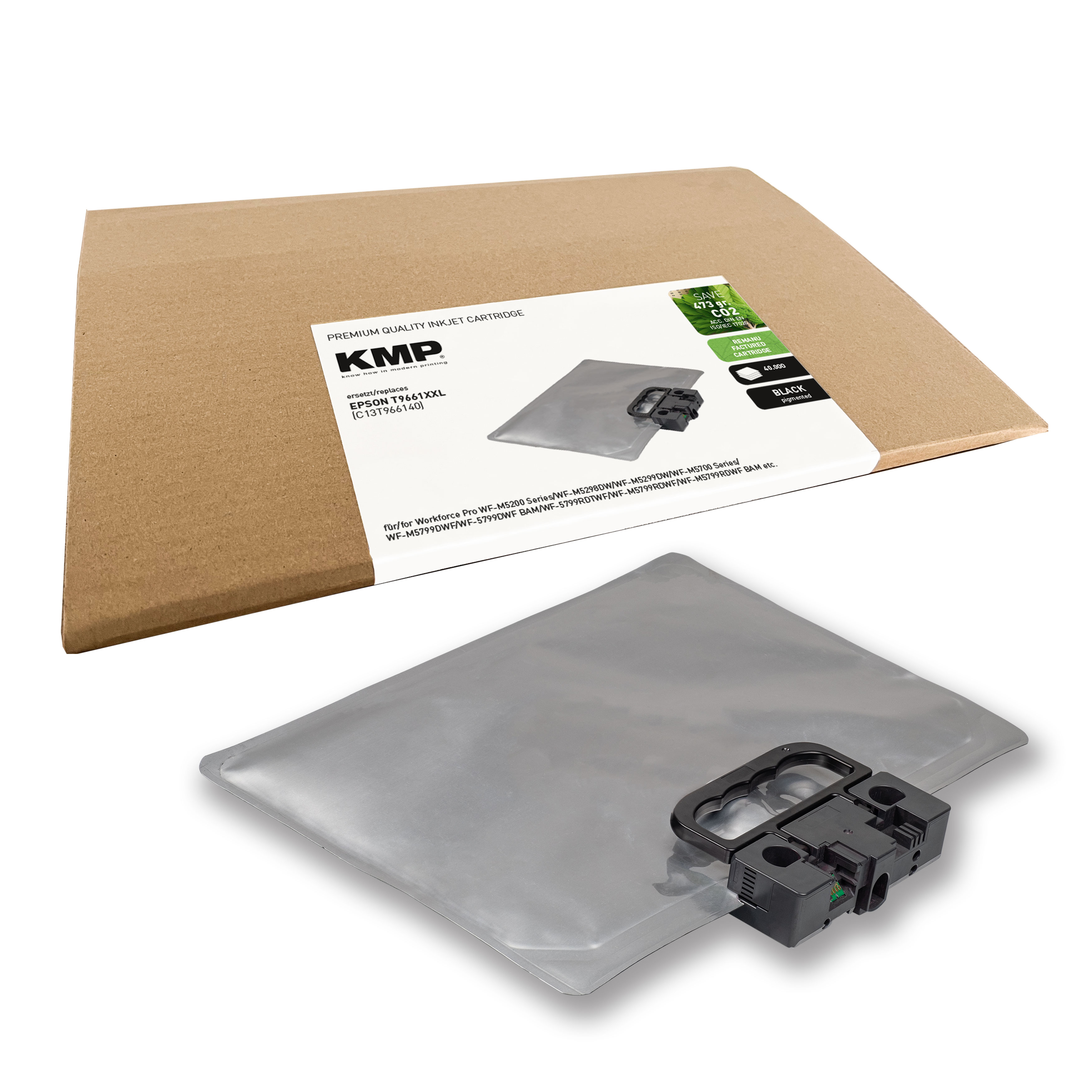 Eine KMP-Tintenpatrone. Die Box und die Patrone werden angezeigt.