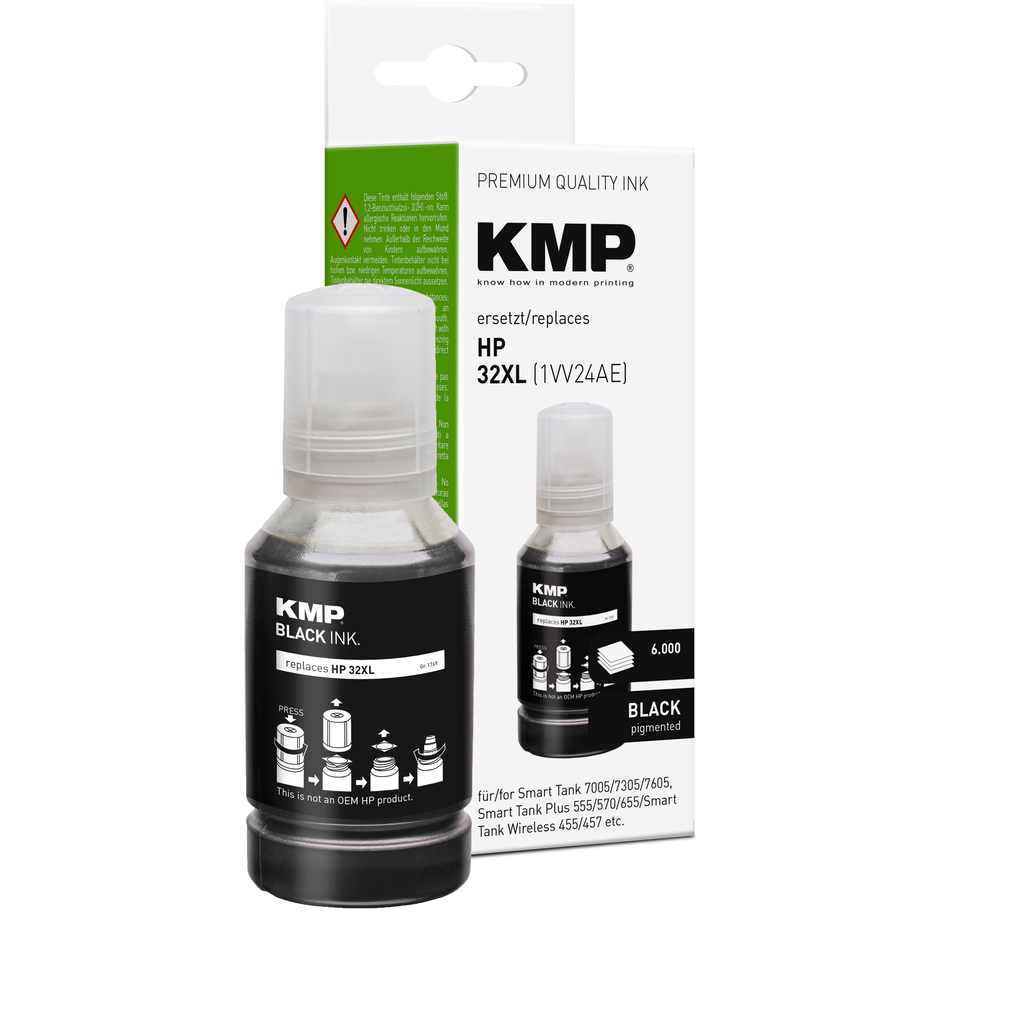 Una bottiglia e la sua scatola di inchiostro nero KMP. La scatola mostra la bottiglia e la sua etichetta.