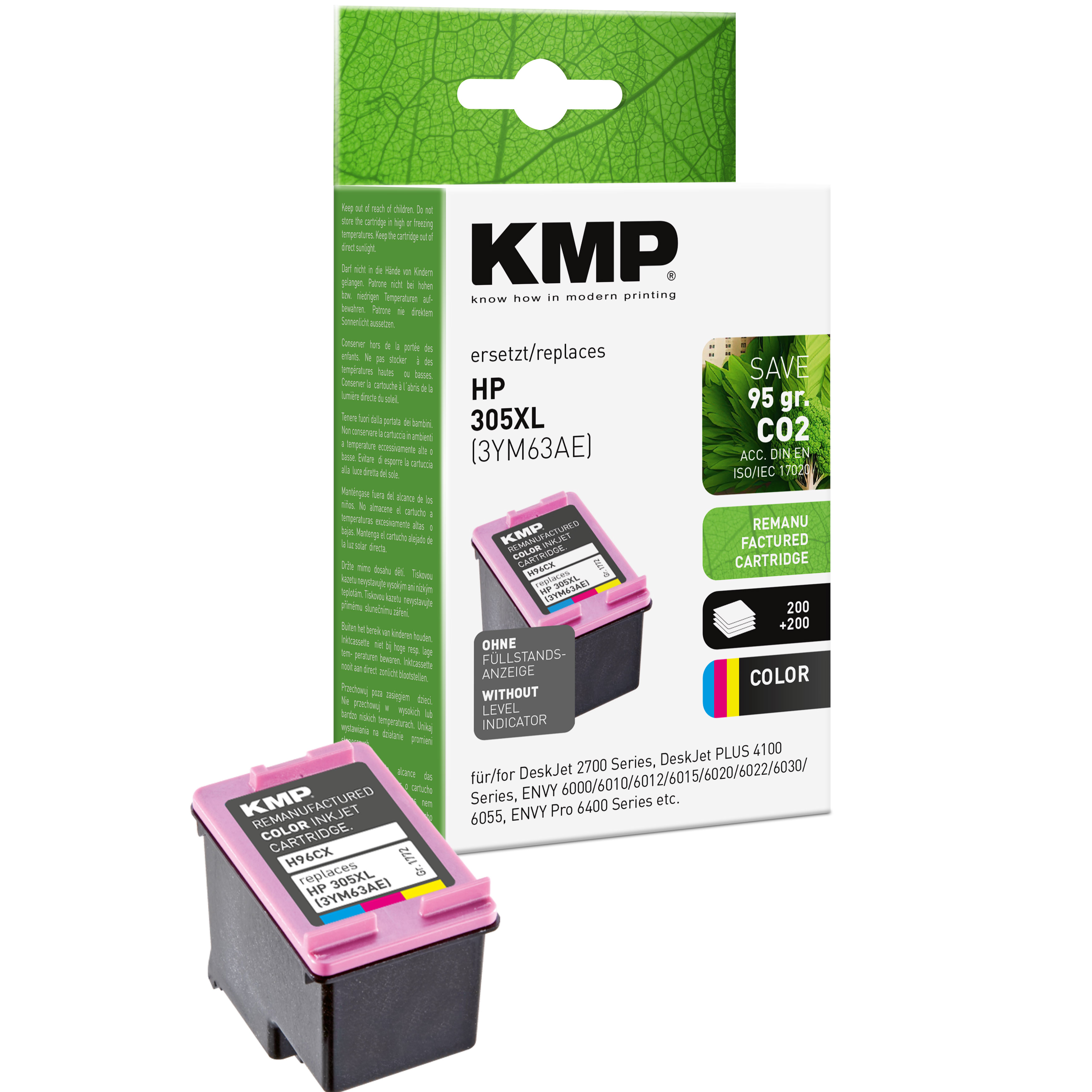 Una scatola di cartucce d'inchiostro rigenerate KMP, con cartucce rosa, nere e gialle all'interno. L'etichetta è visibile.