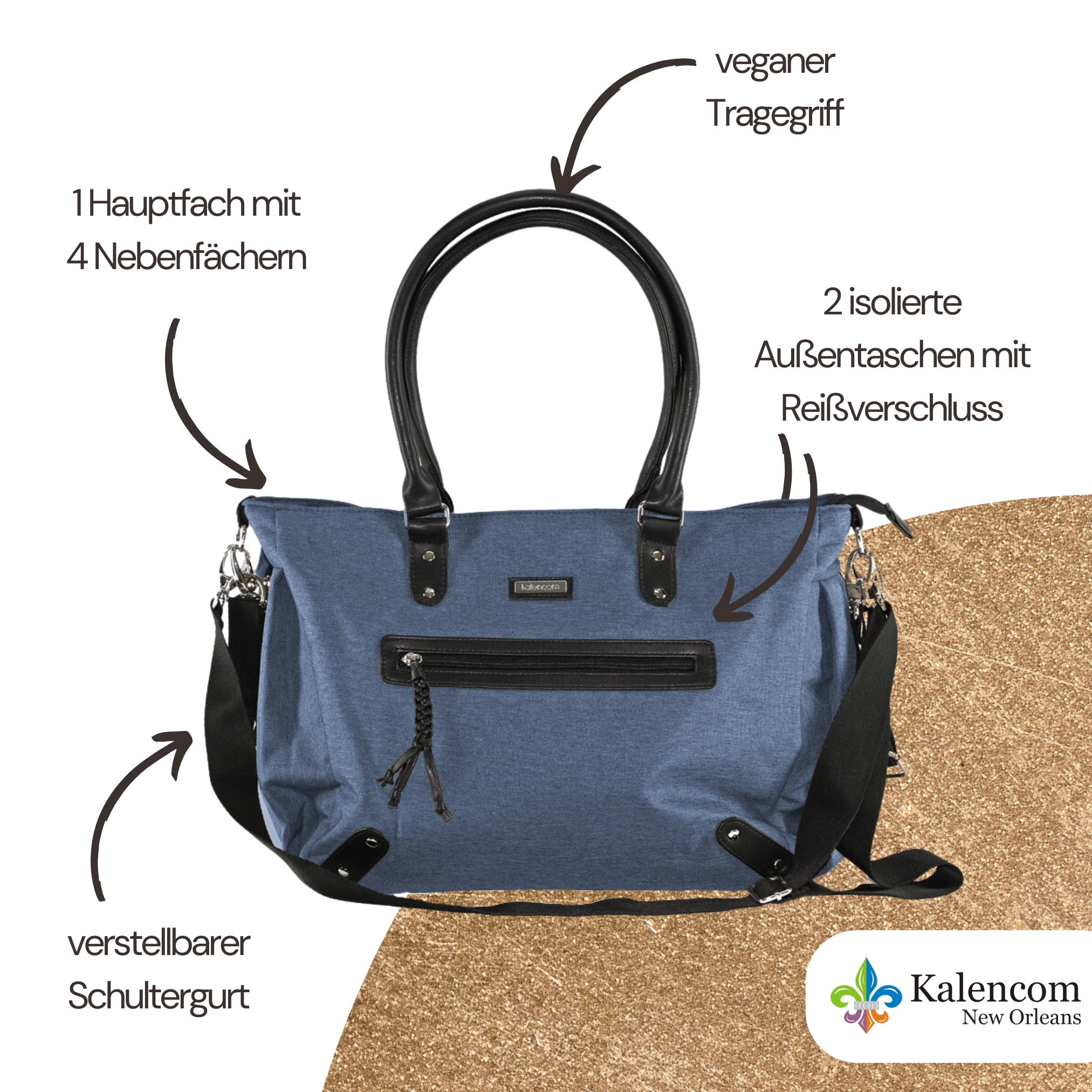 Blaue Wickeltasche, Merkmale: Hauptfach, Taschen, verstellbarer Gurt.