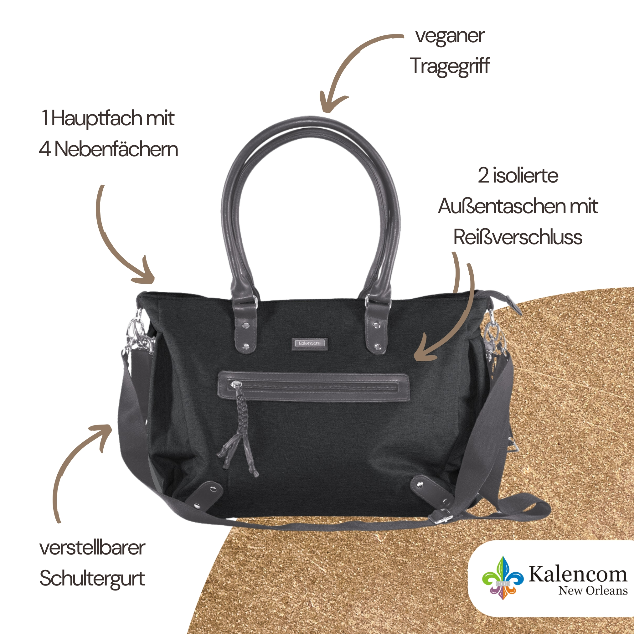 Schwarze Tragetasche mit Funktionen wie verstellbarem Riemen, isolierten Taschen und einem Hauptfach mit Taschen.
