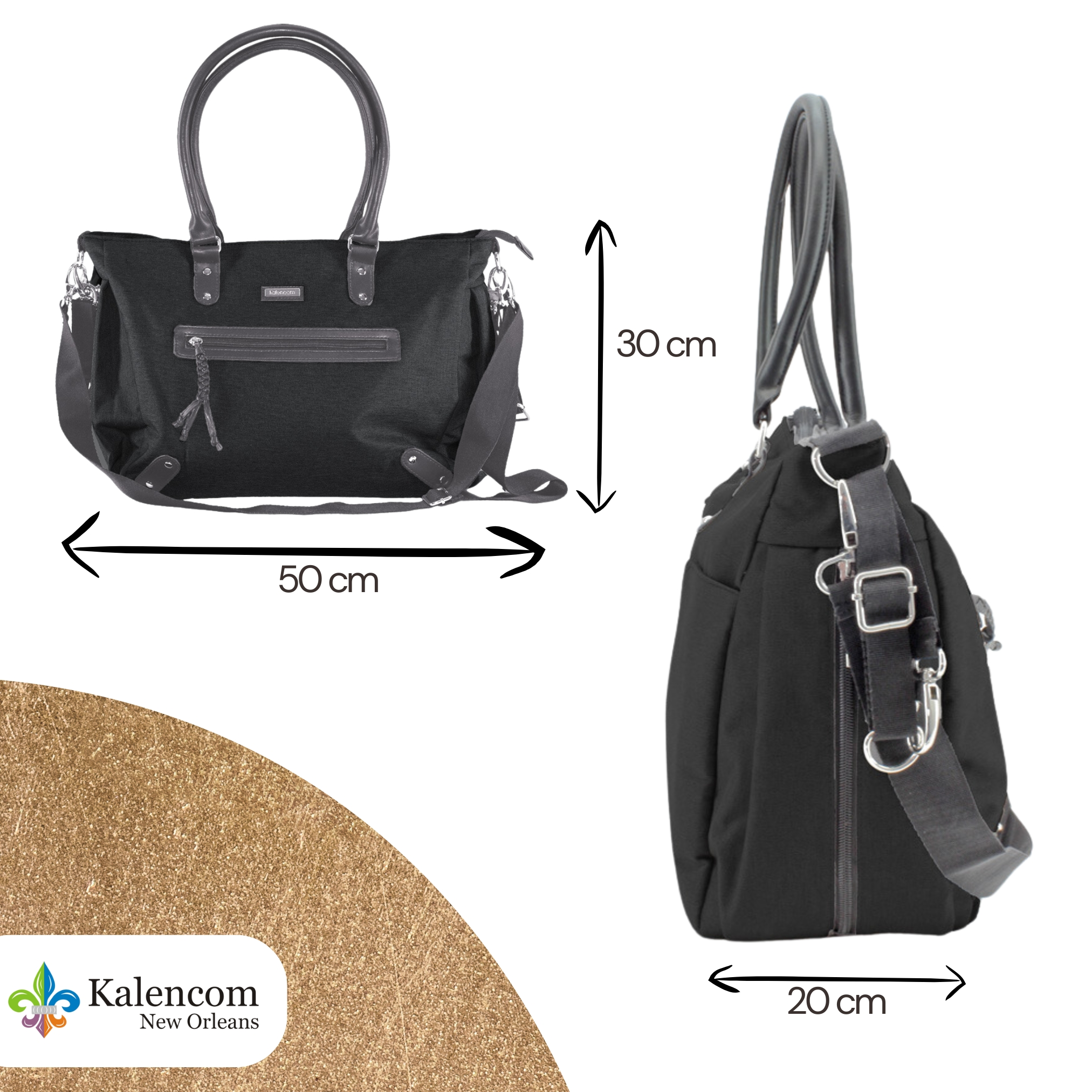 Schwarze Tasche mit schwarzen Griffen und einem Riemen. Maße sind dargestellt.