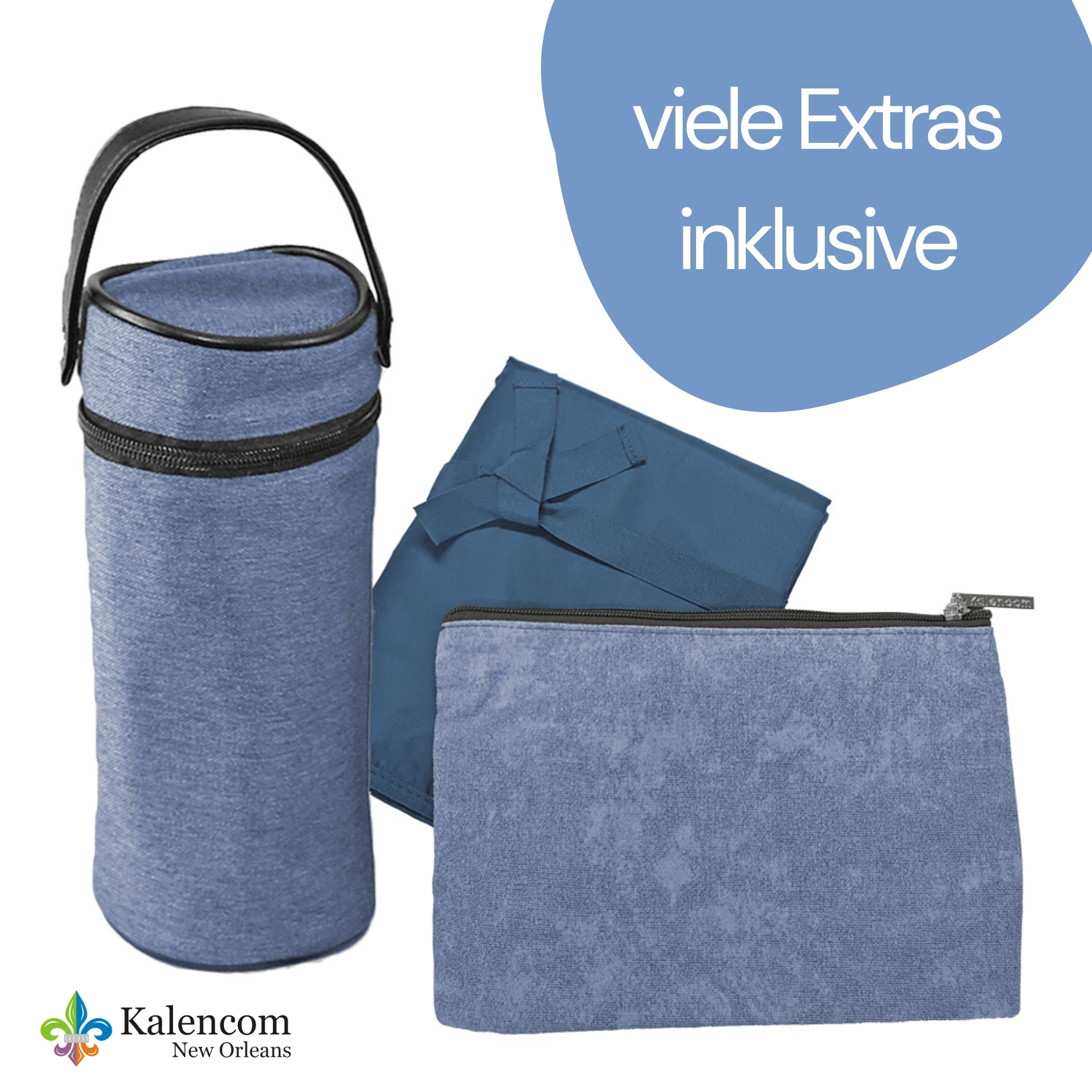 Blaues Wickeltaschen-Zubehör: isolierter Flaschenhalter, Wickelunterlage und Beutel.
