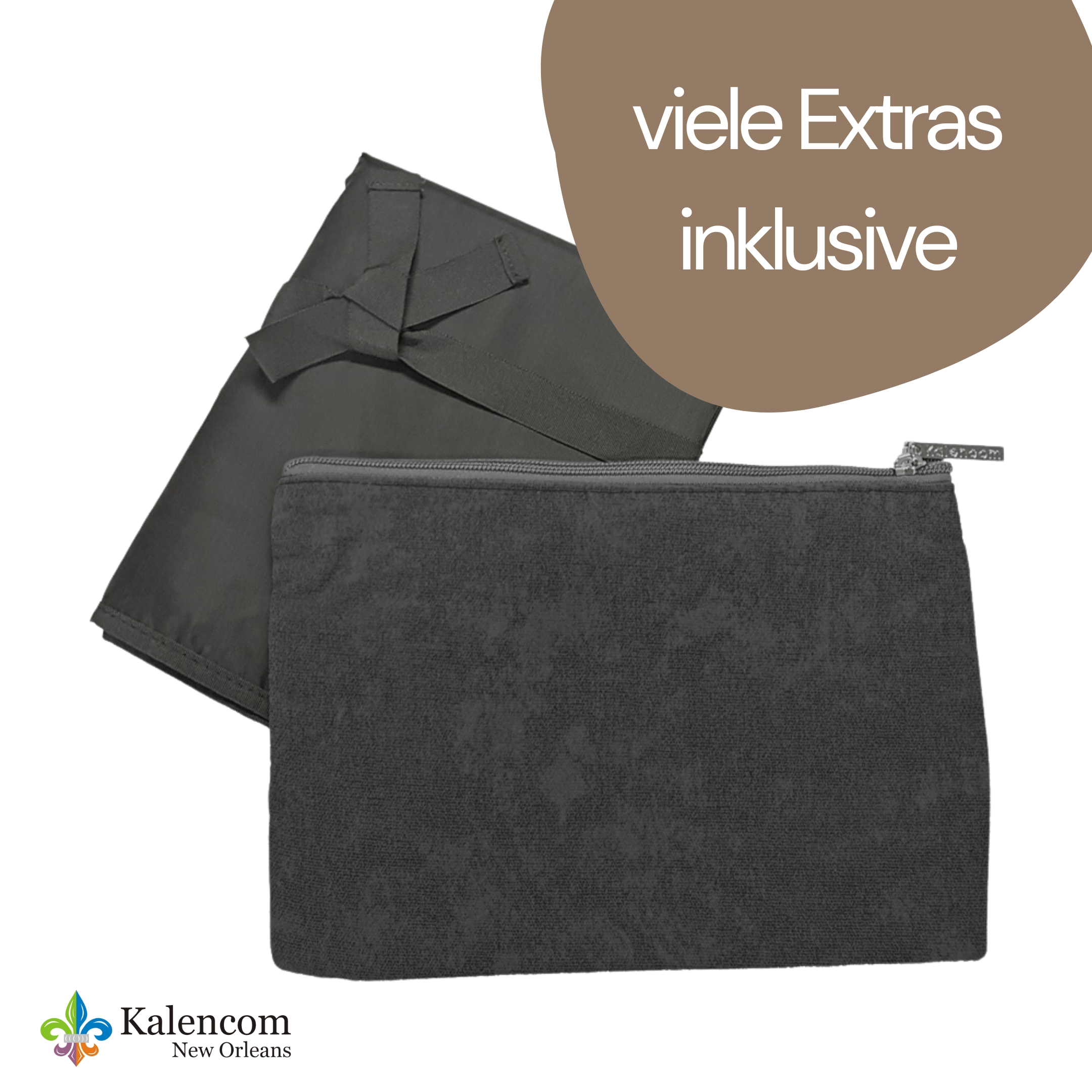 Dunkelgraues Wickeltaschen-Zubehör: Wickelunterlage und kleine Tasche.