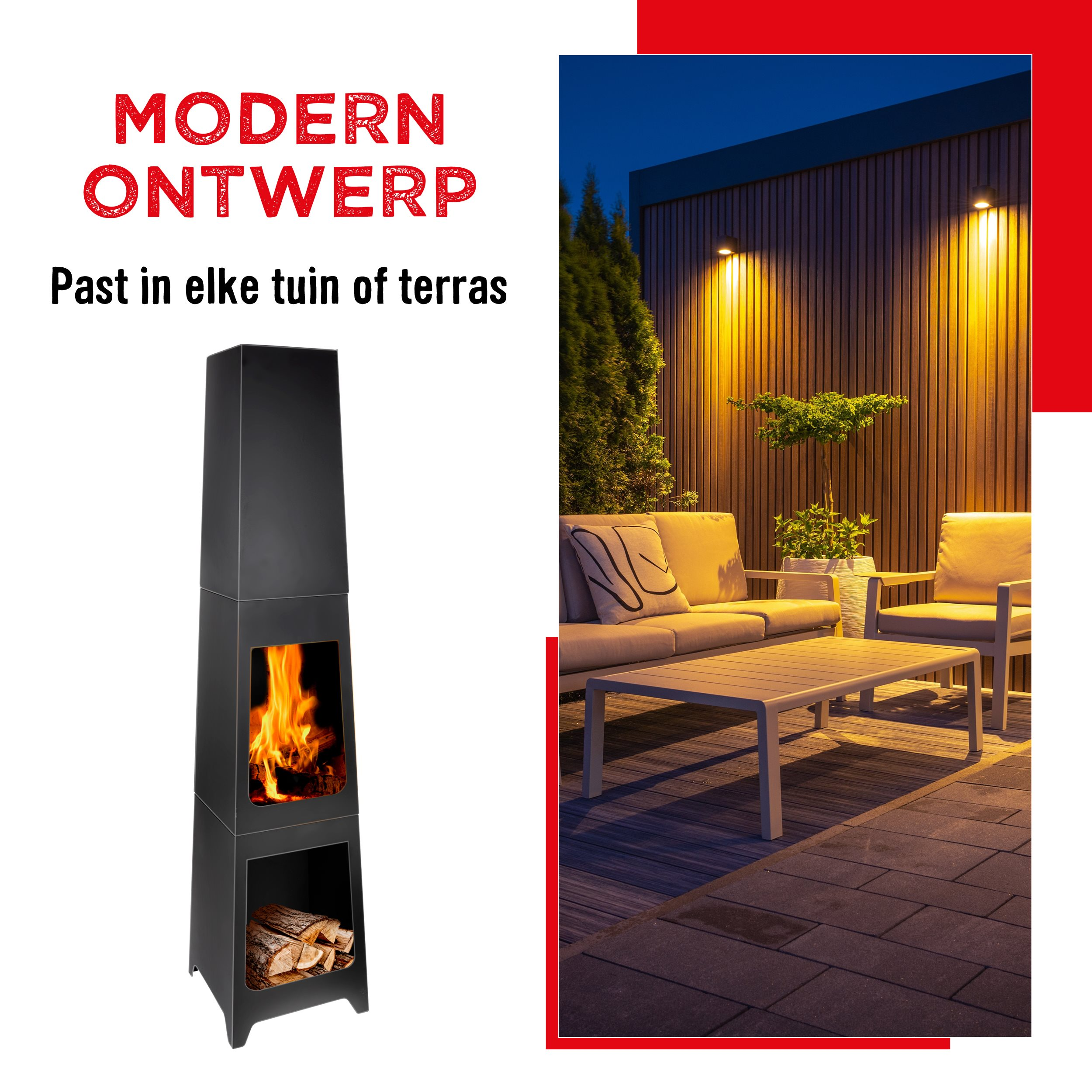 Een zwarte buitenhaard met vlammen. De tekst zegt, modern ontwerp.