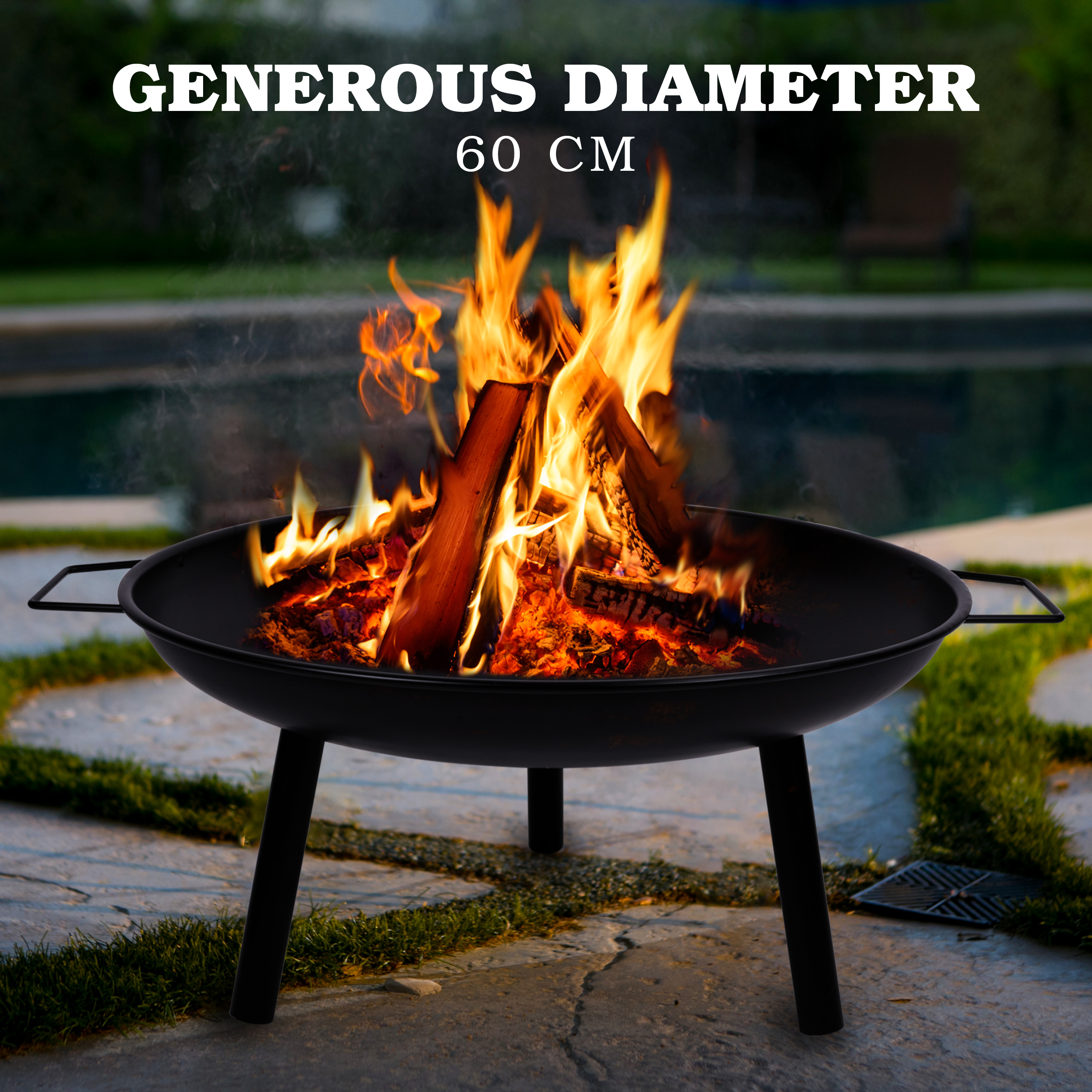 Zwarte vuurplaats met vuur en brandhout, 60 cm diameter, bij een zwembad.