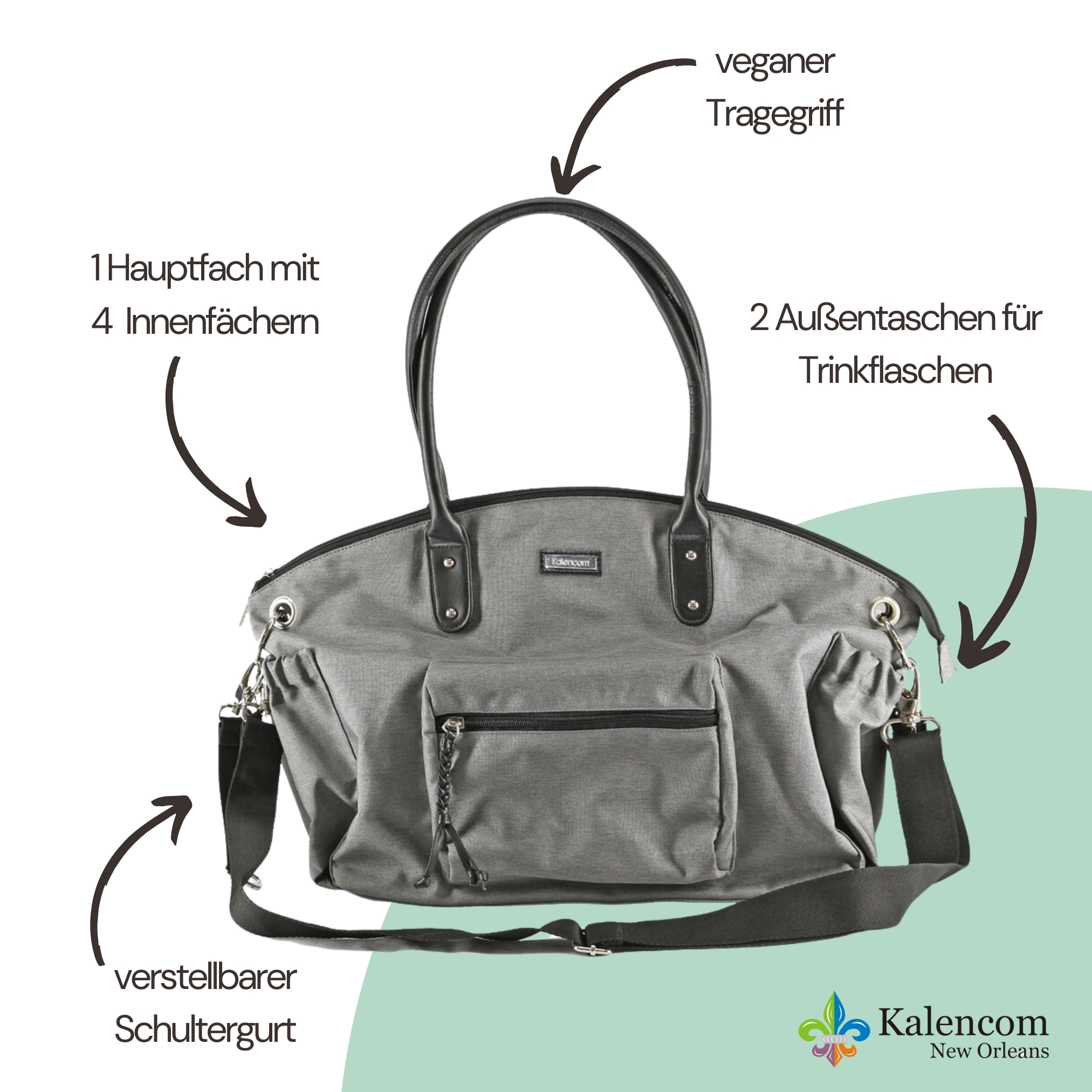 Graue Wickeltasche, ähnlich der schwarzen, mit Textetiketten, die auf Merkmale der Tasche hinweisen.