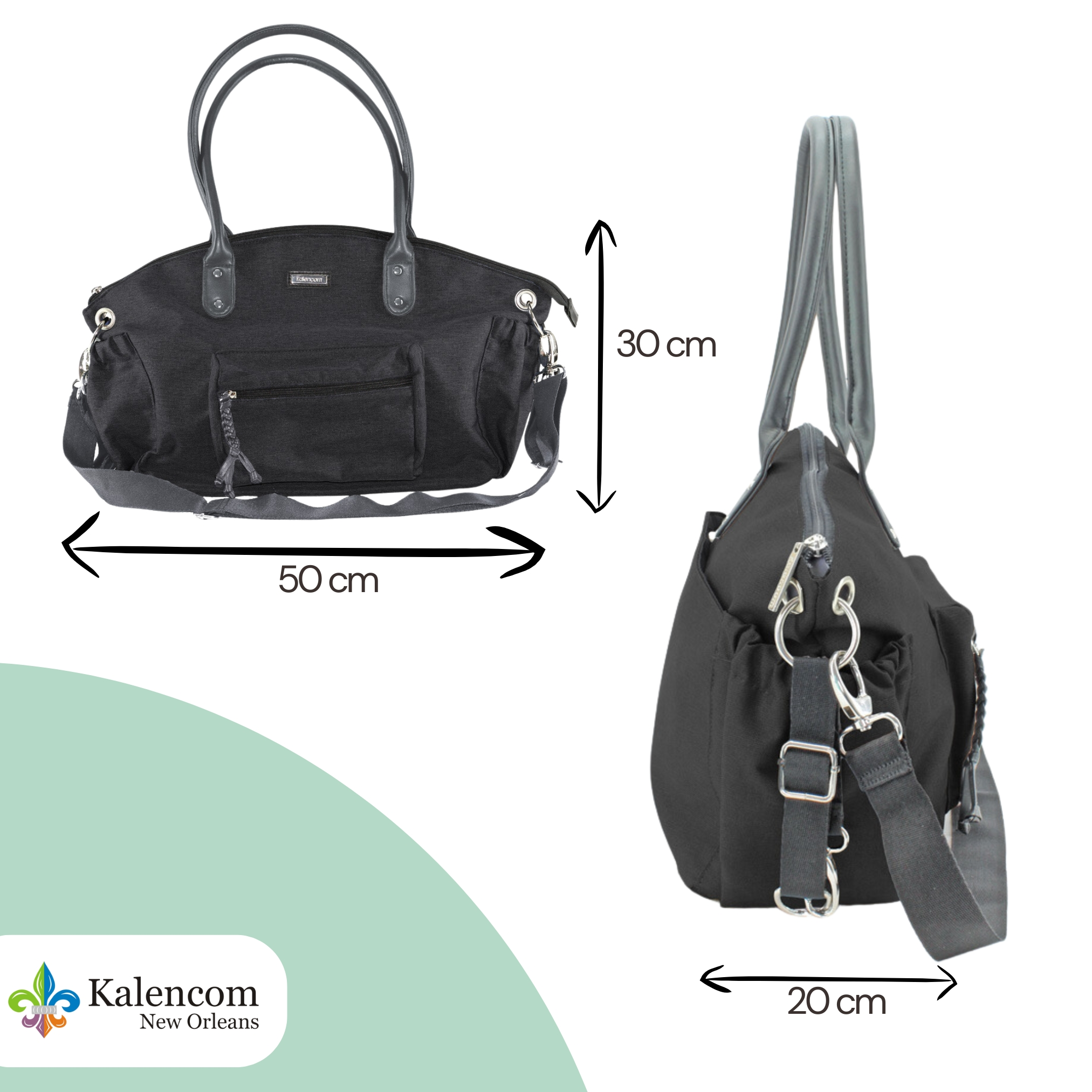 Schwarze Wickeltasche mit Maßen. Abmessungen sind 50cm x 30cm x 20cm. Griffe und Schultergurt enthalten.