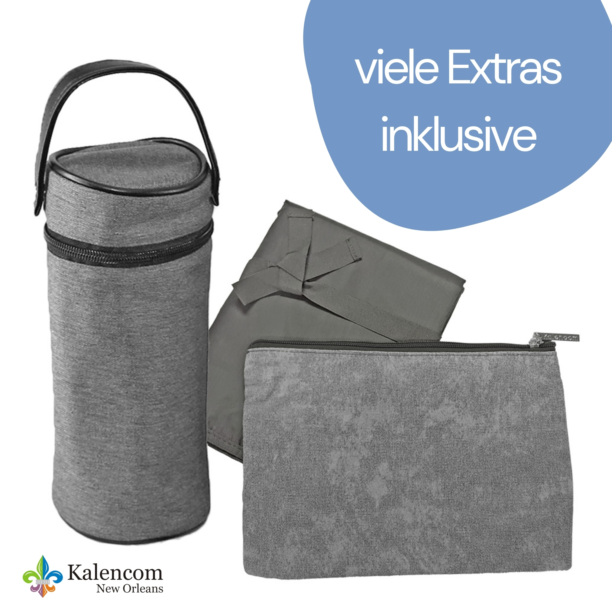 Drei graue Baby-Accessoires: ein Flaschenwärmer, eine Wickelauflage und eine Reißverschlusstasche, mit Text darüber.