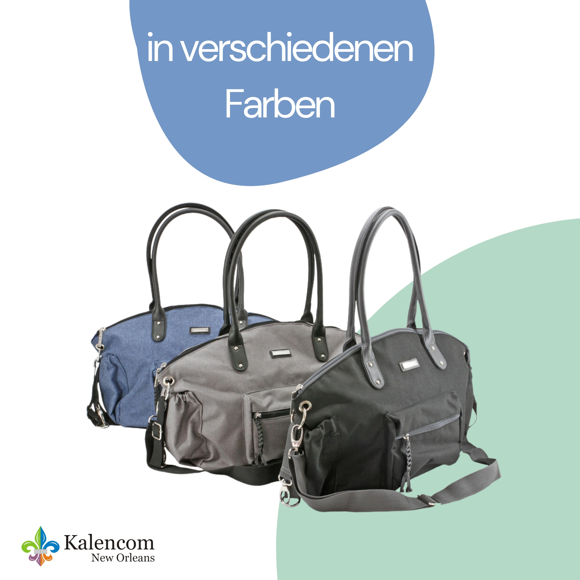 Drei graue Taschen mit schwarzen Griffen, in verschiedenen Farbtönen, mit blauem Hintergrund.