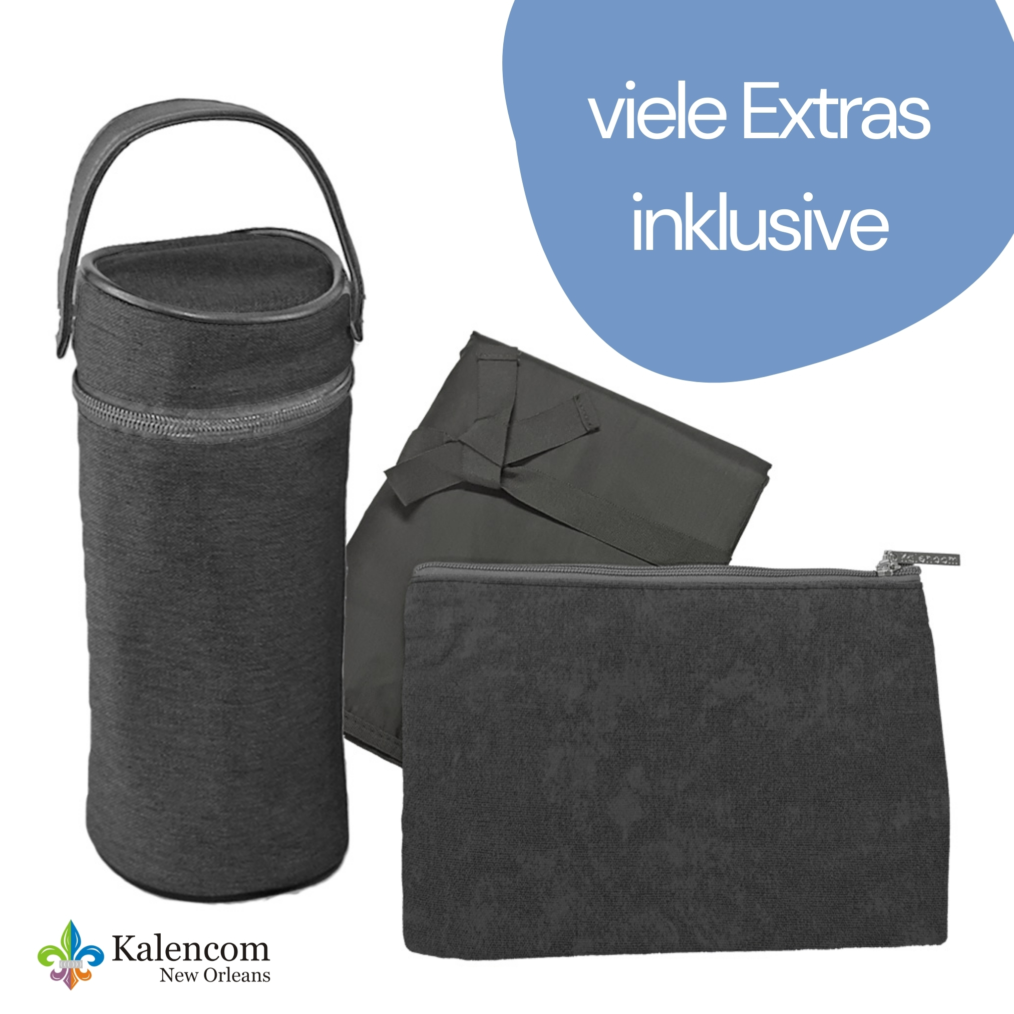 Schwarzes Babyflaschenwärmer-Set mit Zubehör, einschließlich einer Tasche und einem kleinen Beutel, mit Text auf Niederländisch.
