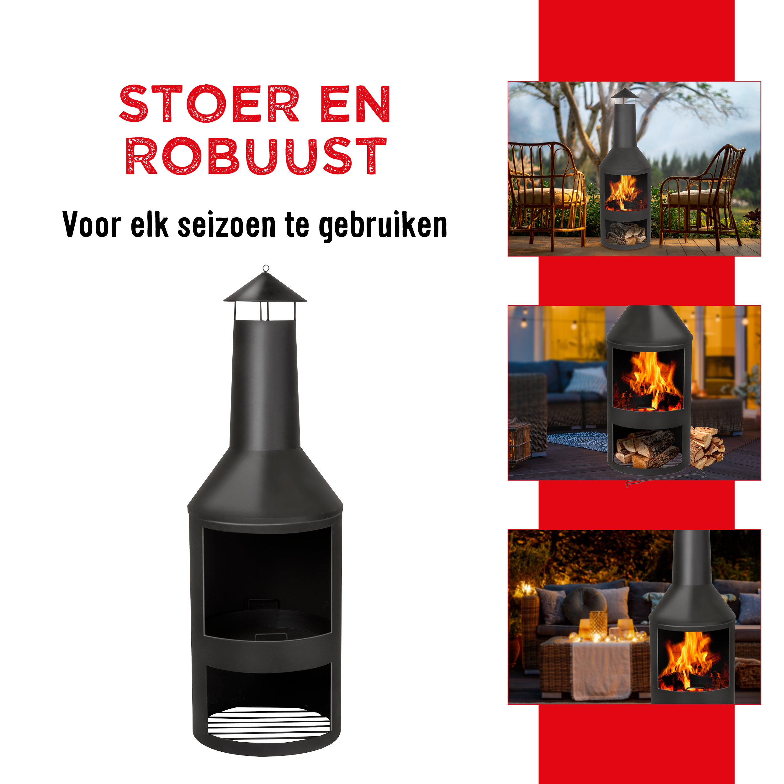 Zwarte schoorsteen vuurplaats. De tekst "Stoer en Robuust" staat bovenaan. Er worden foto's van de vuurplaats getoond.