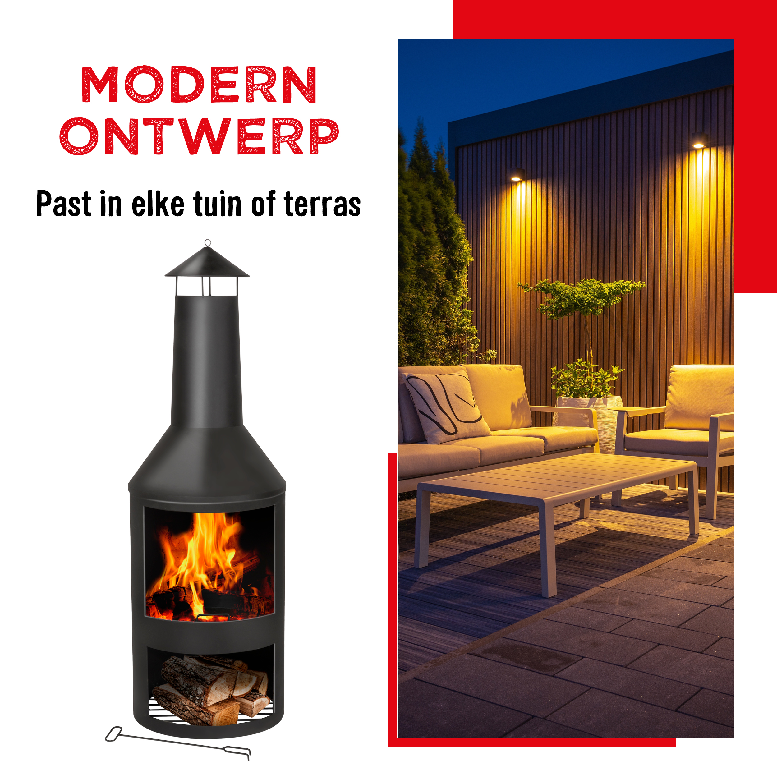 Een zwarte buitenhaard met schoorsteen, vuur binnenin en brandhout eronder. Een terras in de achtergrond.