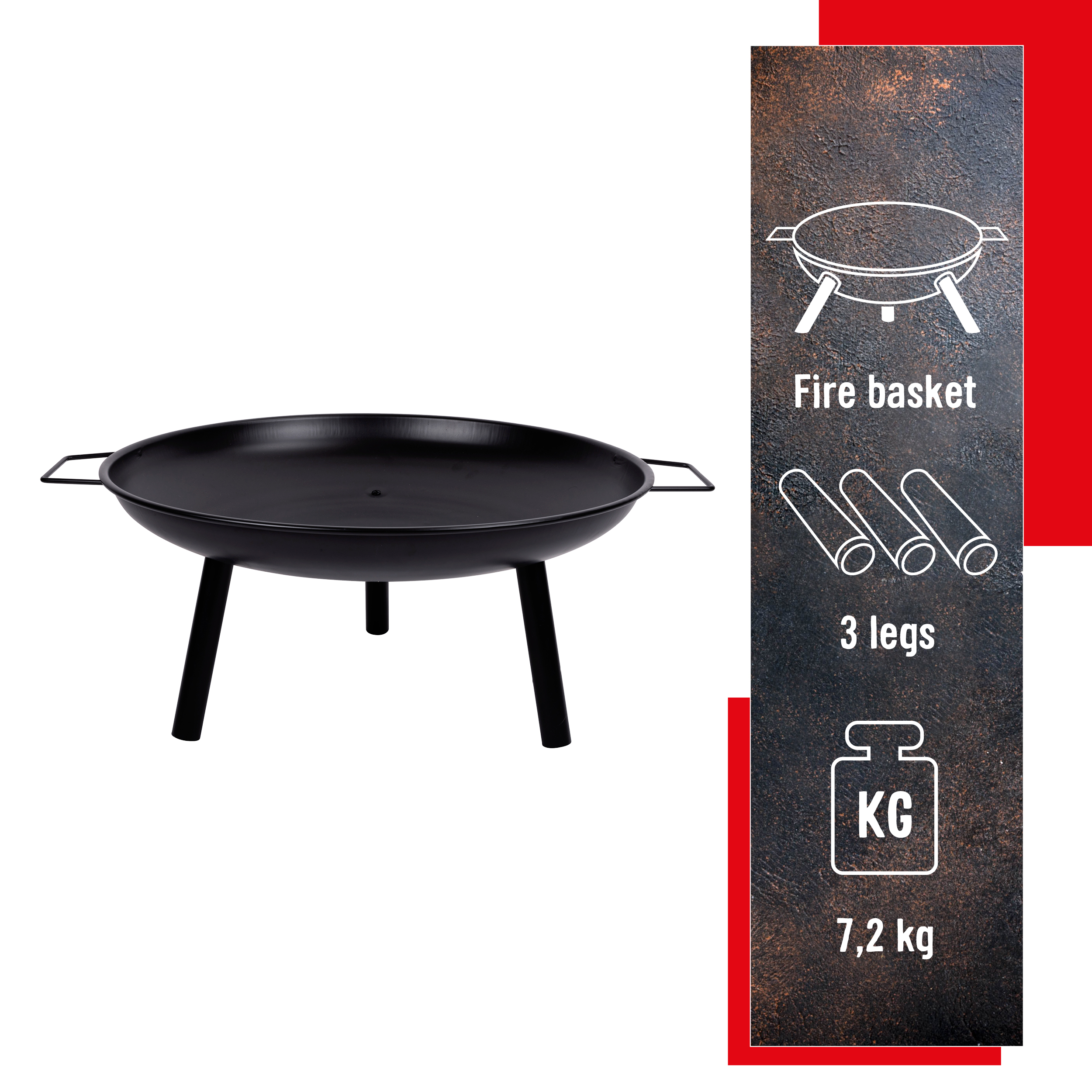 Een zwarte vuurkorf met drie poten, handvatten en een illustratie met details.