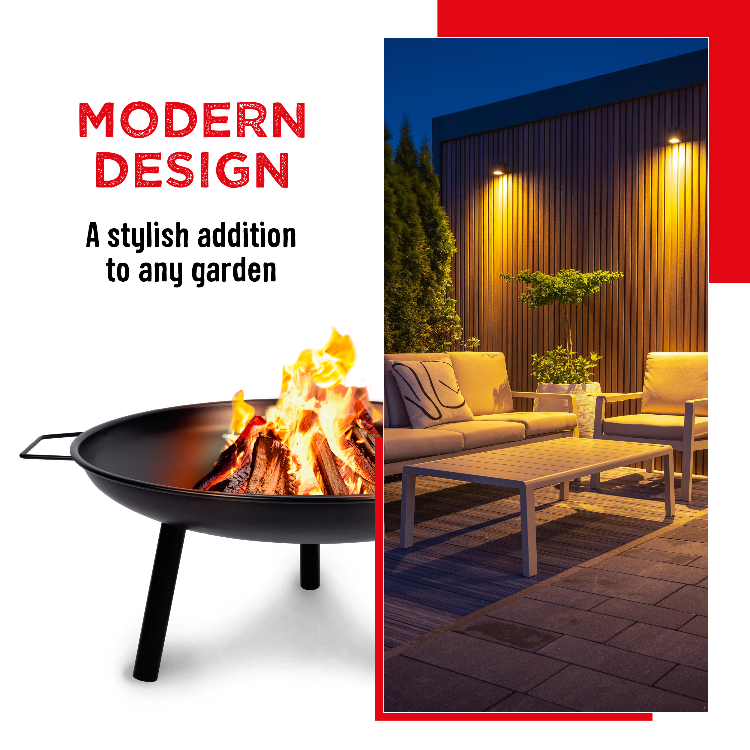 Een zwarte vuurkorf met vuur binnenin, drie poten en een modern design. Een terras in de achtergrond.