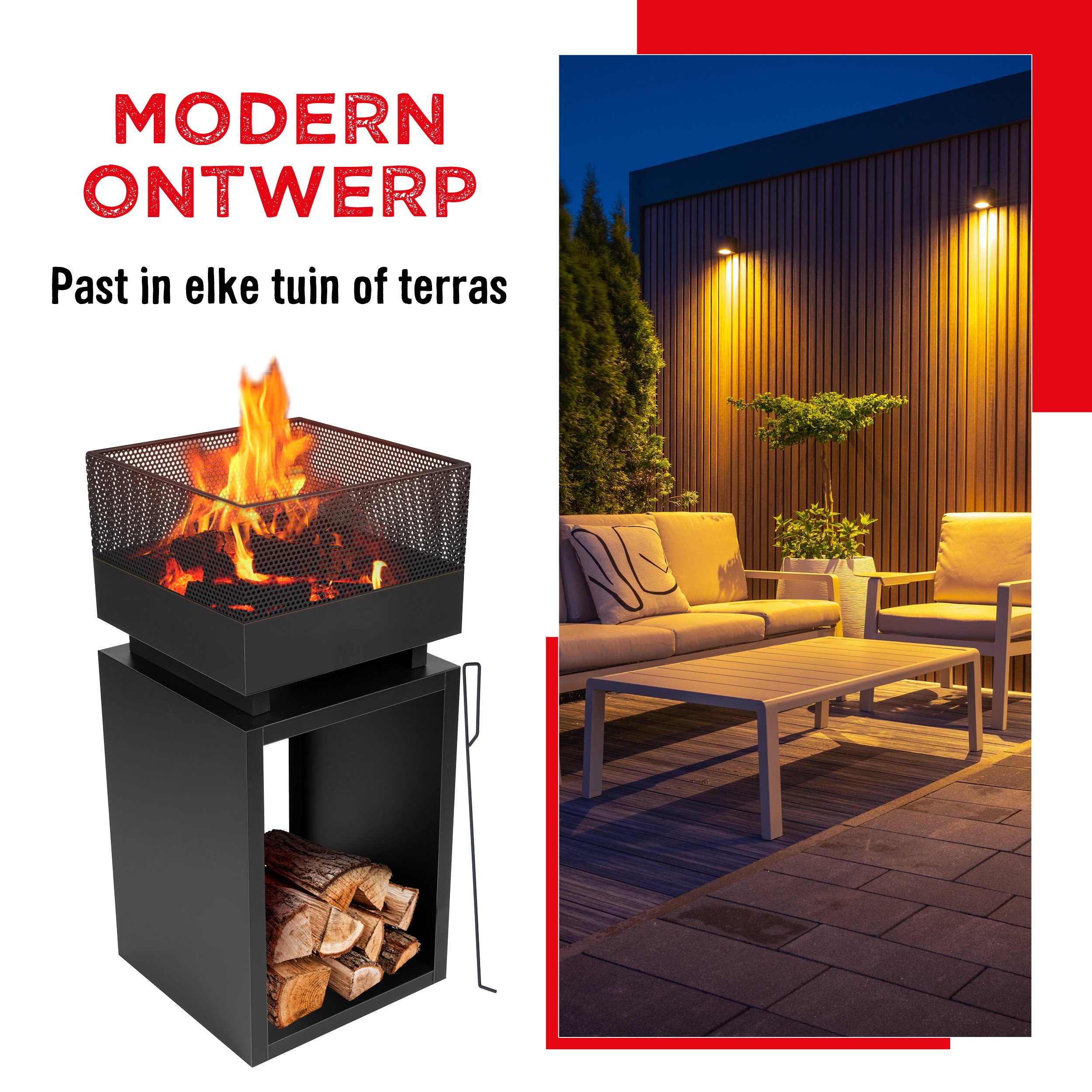 Zwarte metalen vuurkorf met vuur en houten basis. Modern design voor buiten.