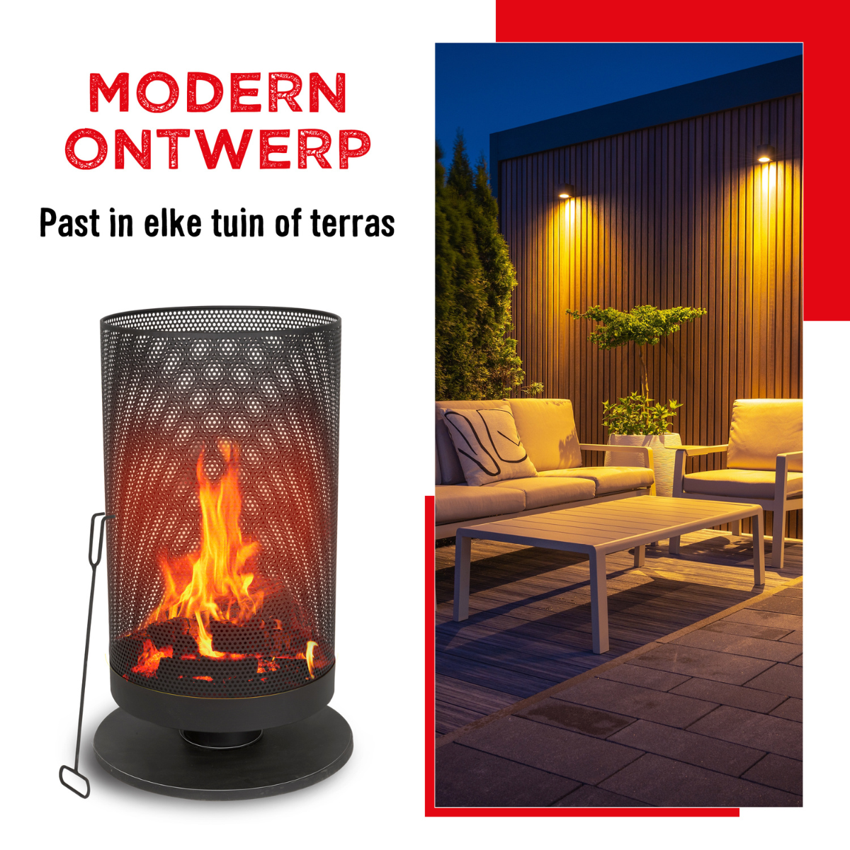 Zwarte metalen vuurkorf met vuur, naast een terras met lichten.