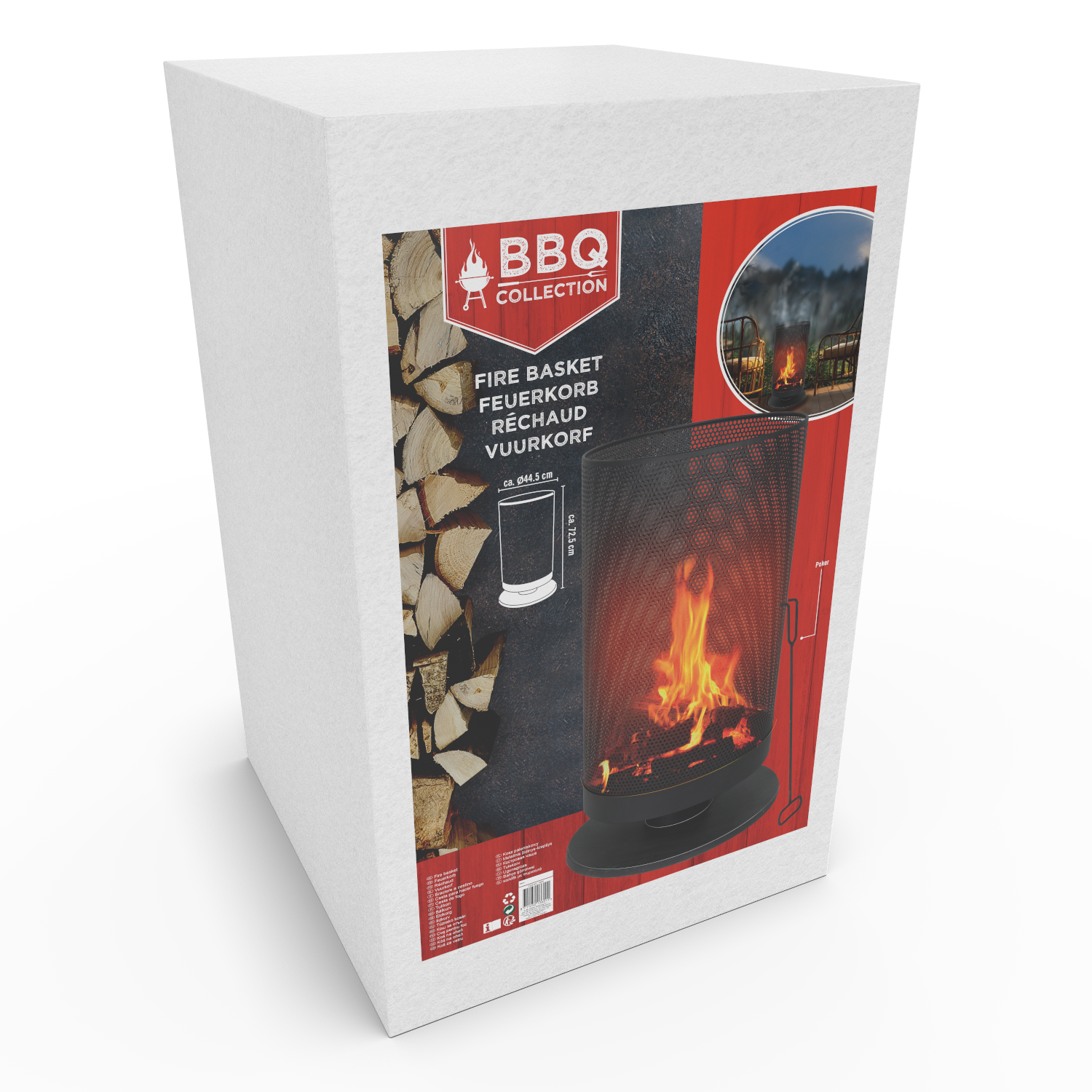 Een witte doos met een productlabel met een vuurmand met brandhout. Er is vuur.