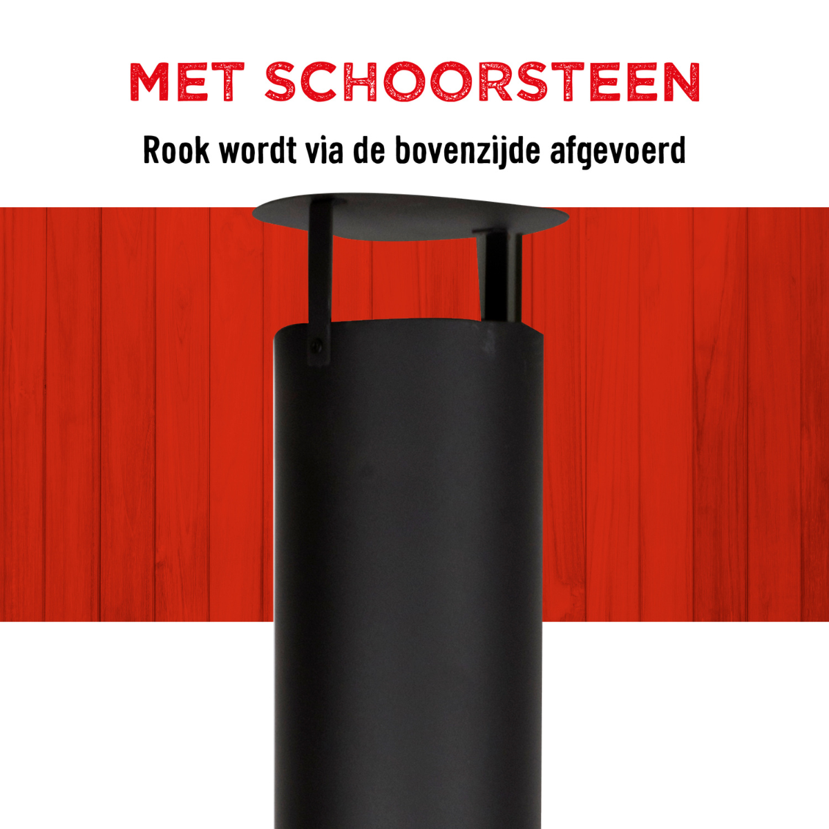 Een zwarte schoorsteen met een rode houten achtergrond. De tekst luidt met schoorsteen.