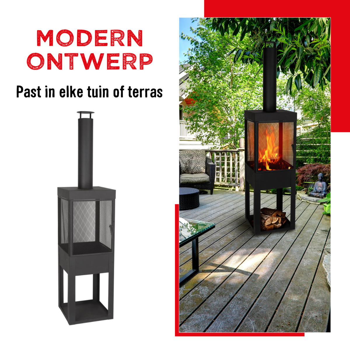 Zwarte buitenhaard met schoorsteen. Vlammen zijn zichtbaar. De tekst "Modern Ontwerp" staat bovenaan.