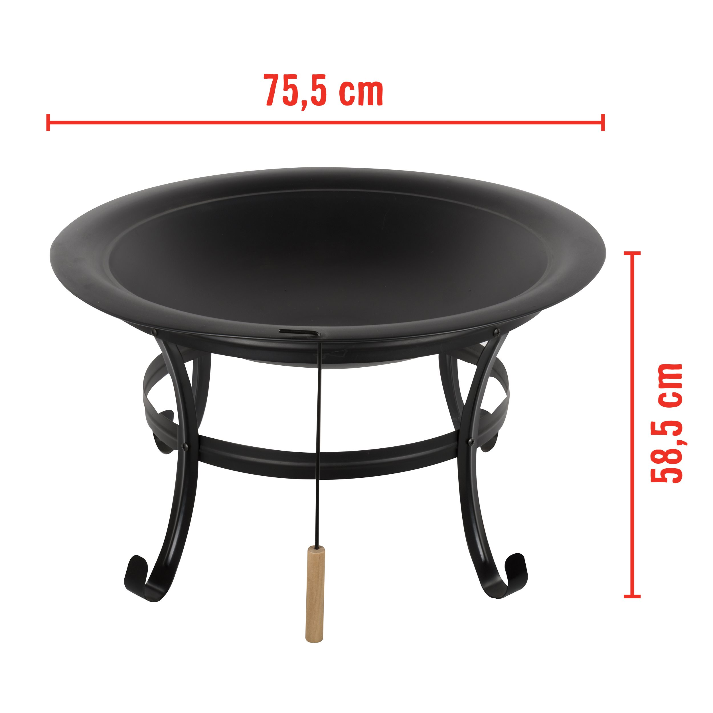 Zwarte metalen vuurkorf met afmetingen, met een houten handvat, op een witte achtergrond.