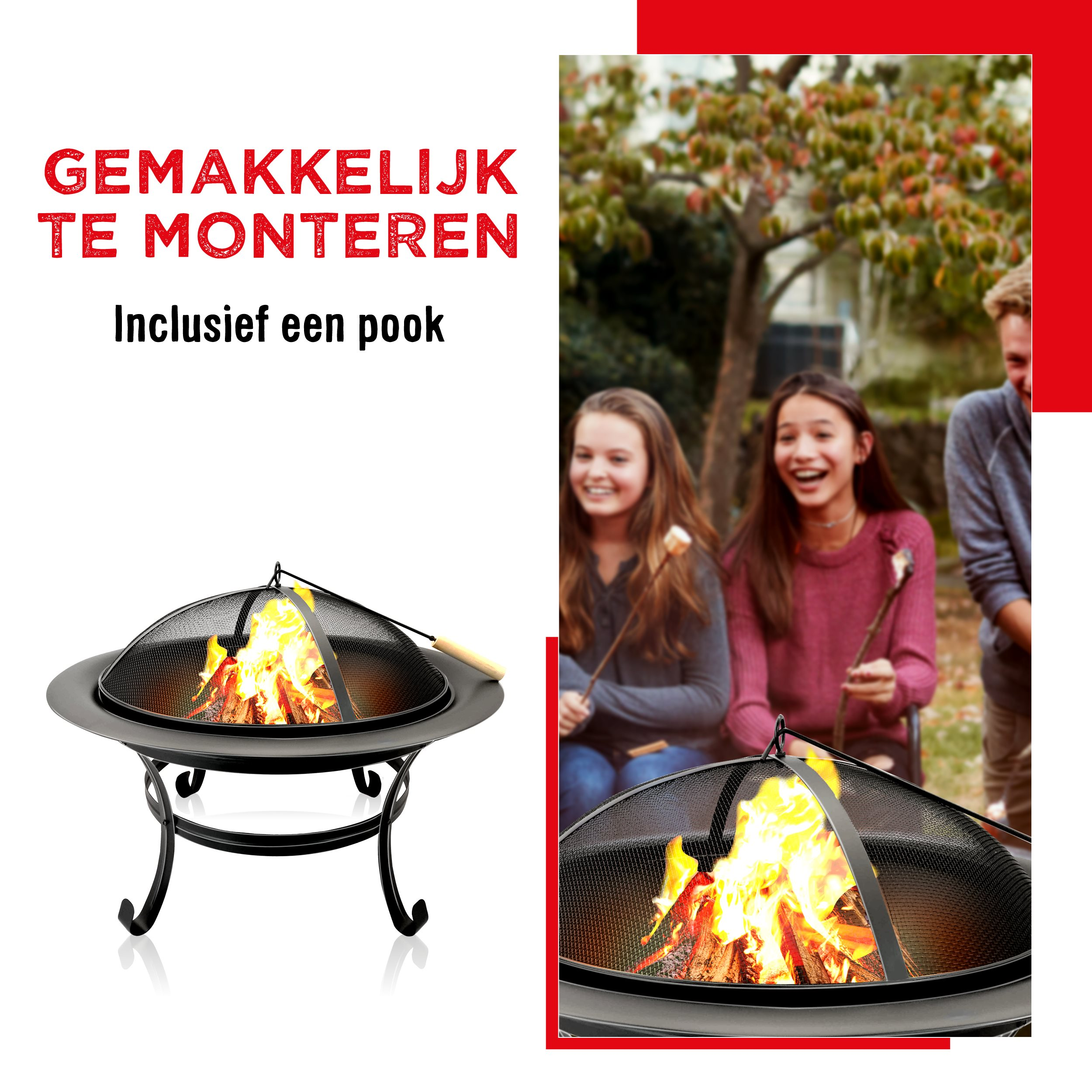 Zwarte metalen vuurkorf met vuur en gaasdeksel, mensen eromheen en inclusief pook.