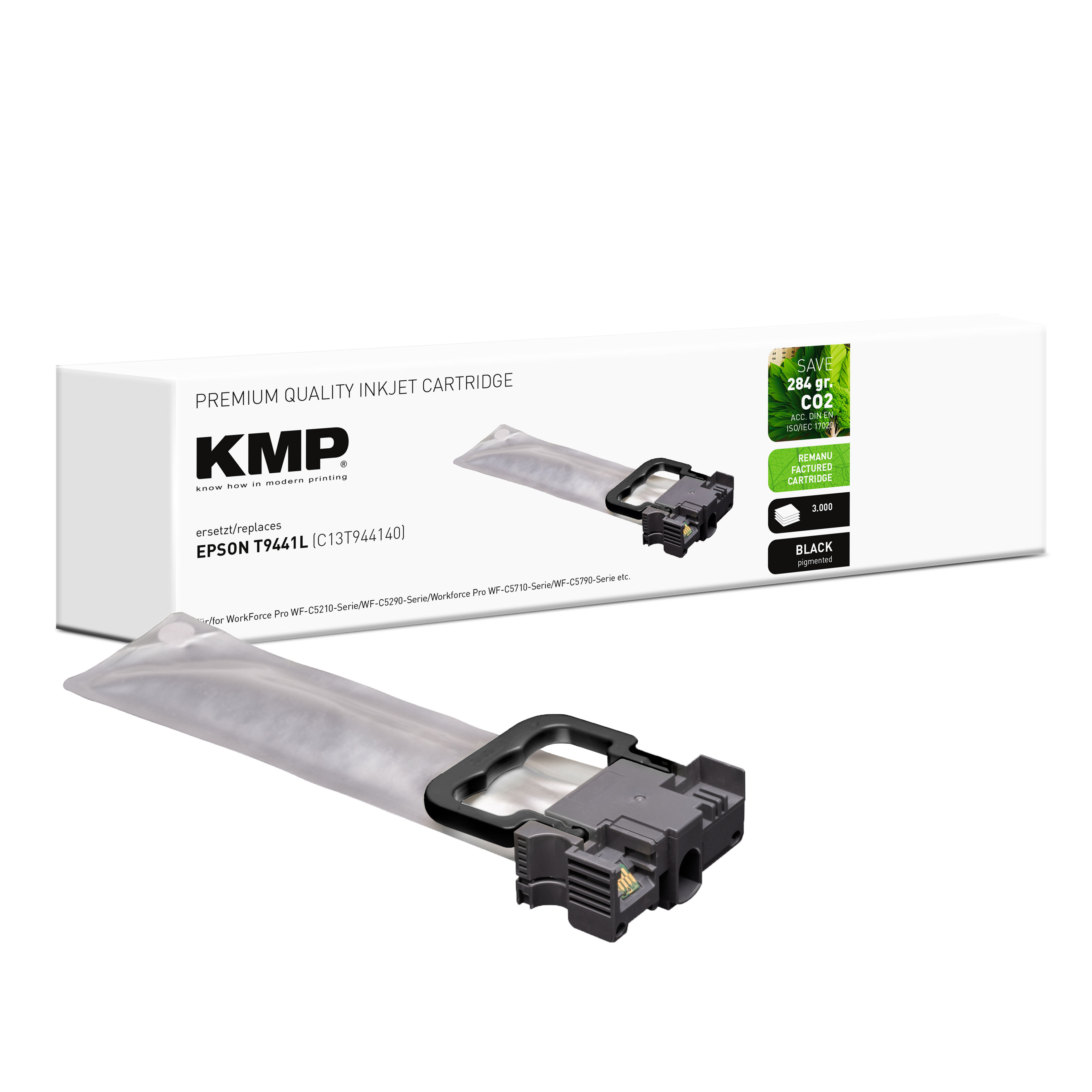 Eine weiße Schachtel einer KMP-Tintenstrahlpatrone. Die Patrone ist schwarz. Der Text lautet 'Premium Quality Inkjet Cartridge'.