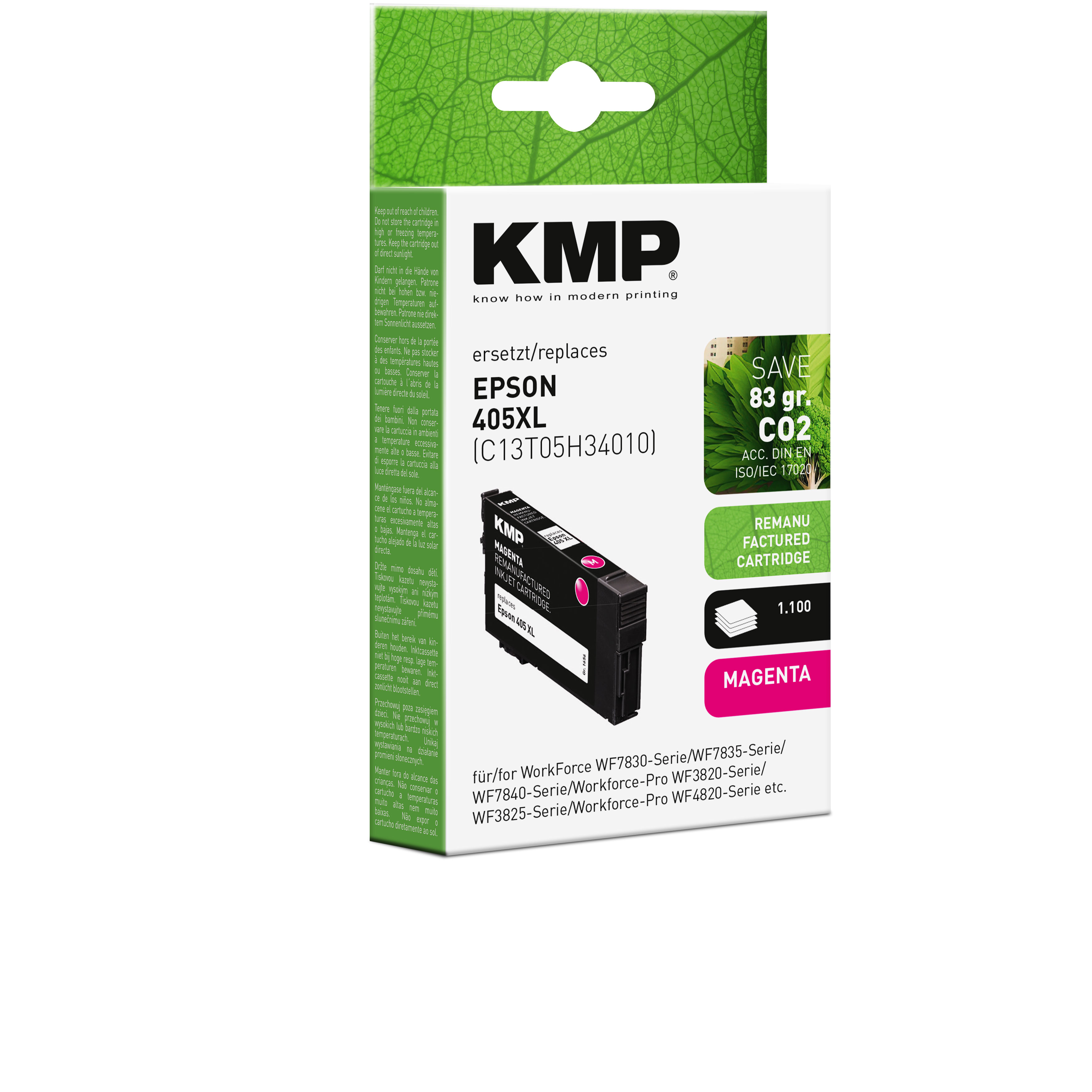 Scatola della cartuccia a getto d'inchiostro KMP. Cartuccia rosa all'interno. Il testo dice 'Cartuccia Remanu Factured'. Risparmia 83 gr. CO2.