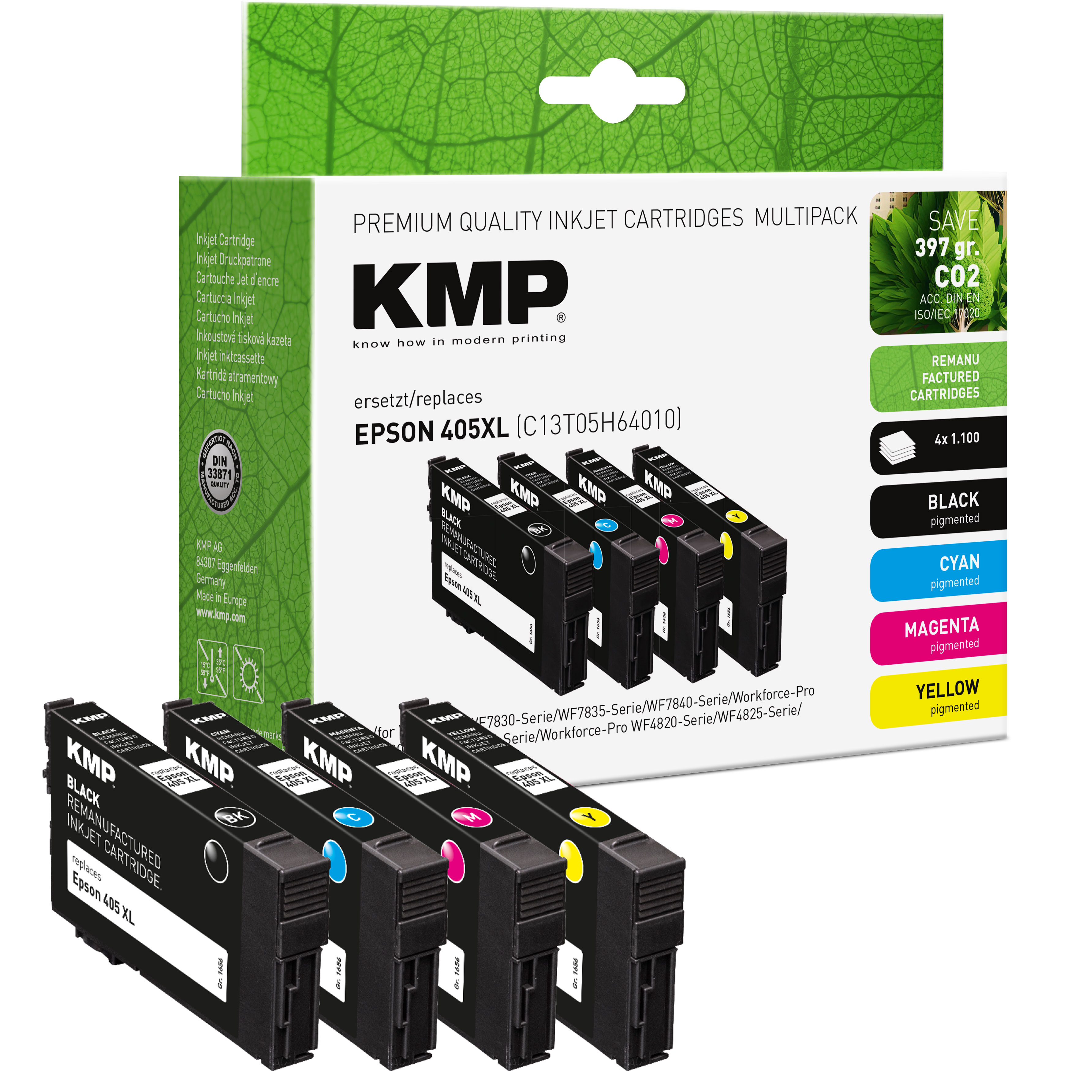 KMP Multipack Tintenpatronen. Schwarz, Cyan, Magenta und Gelb sind sichtbar. Epson 405XL.