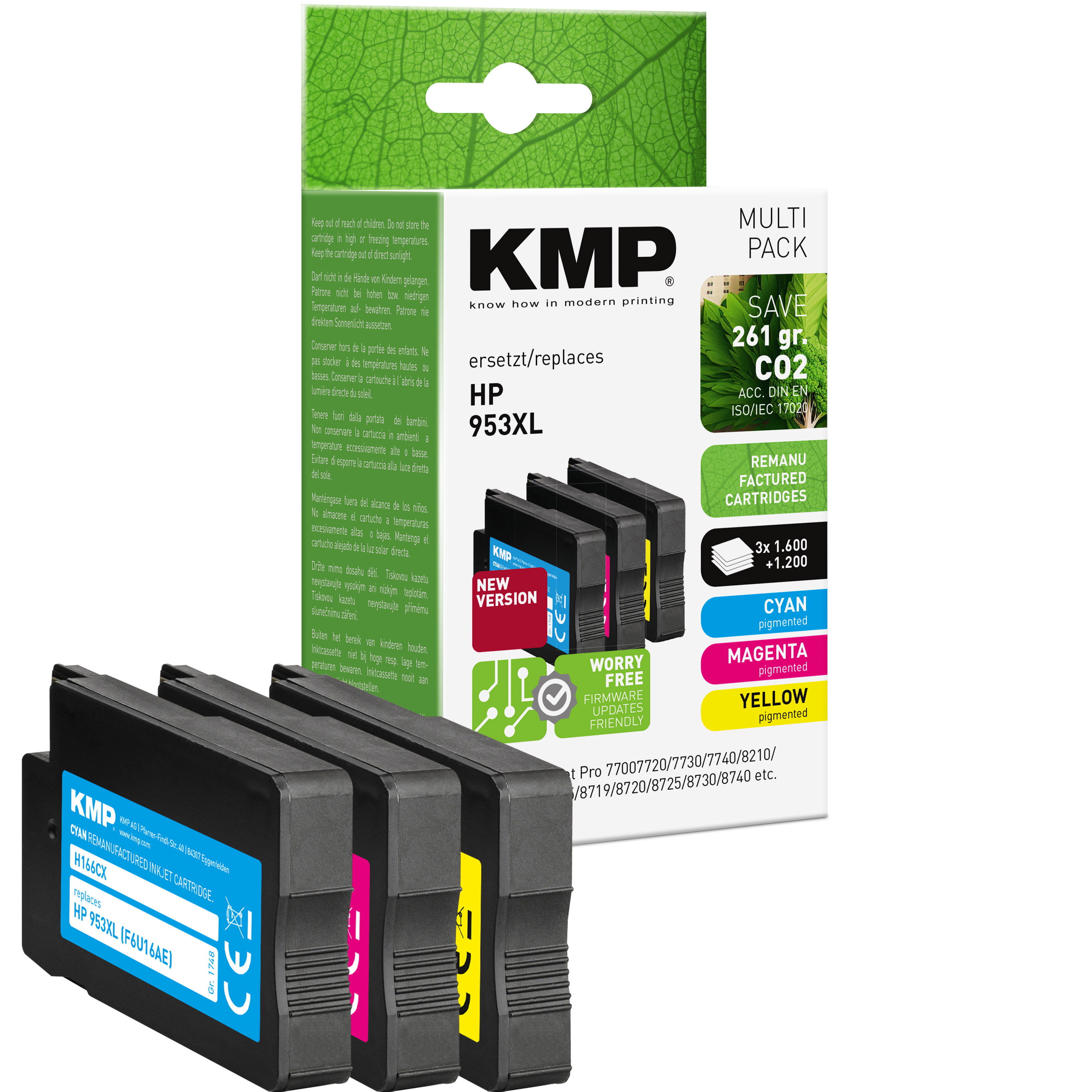 Multipack KMP di cartucce HP 953XL. Sono visibili cartucce ciano, magenta e gialle.