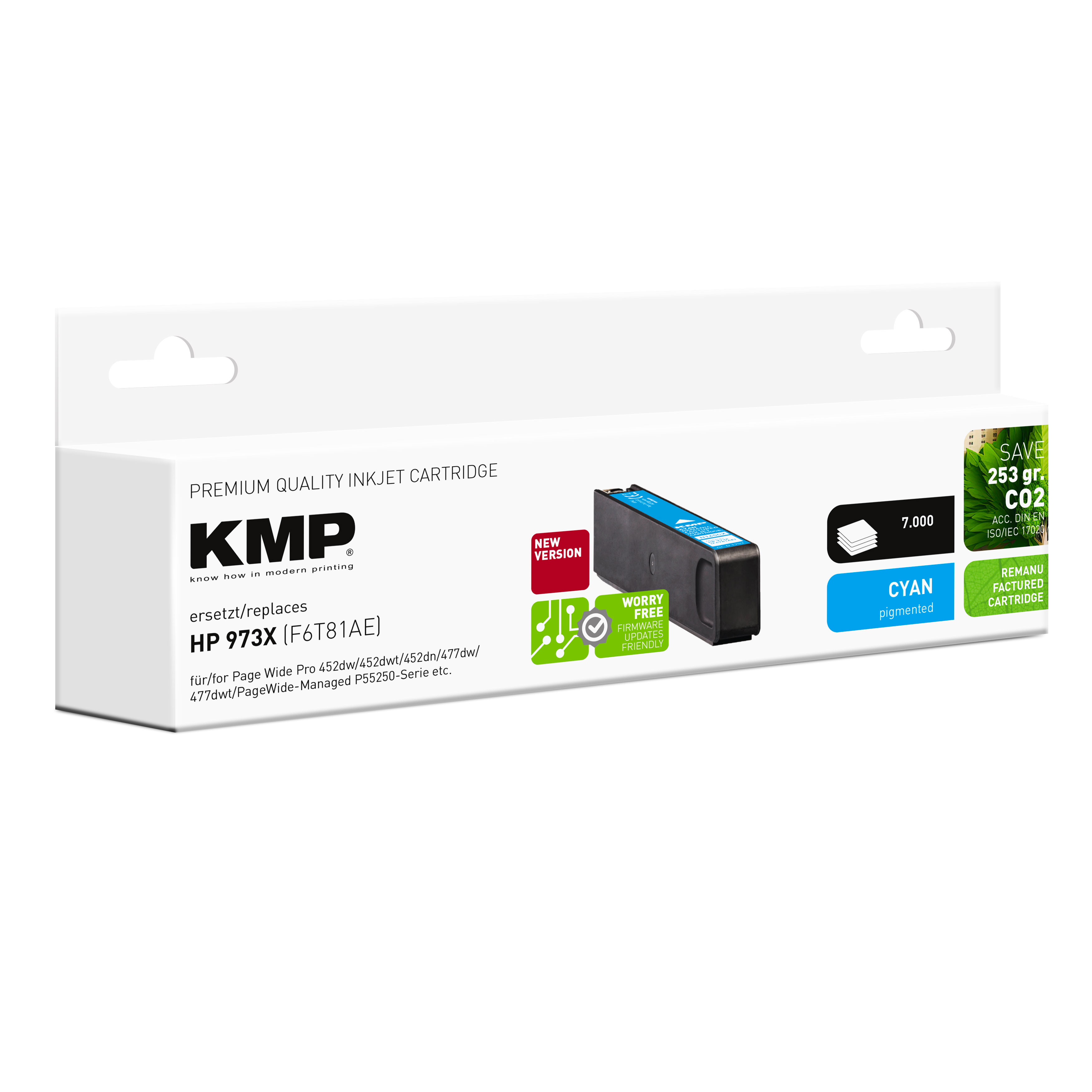 Cartuccia a getto d'inchiostro KMP ciano. La scatola mostra HP 973X e 'Premium Quality'.