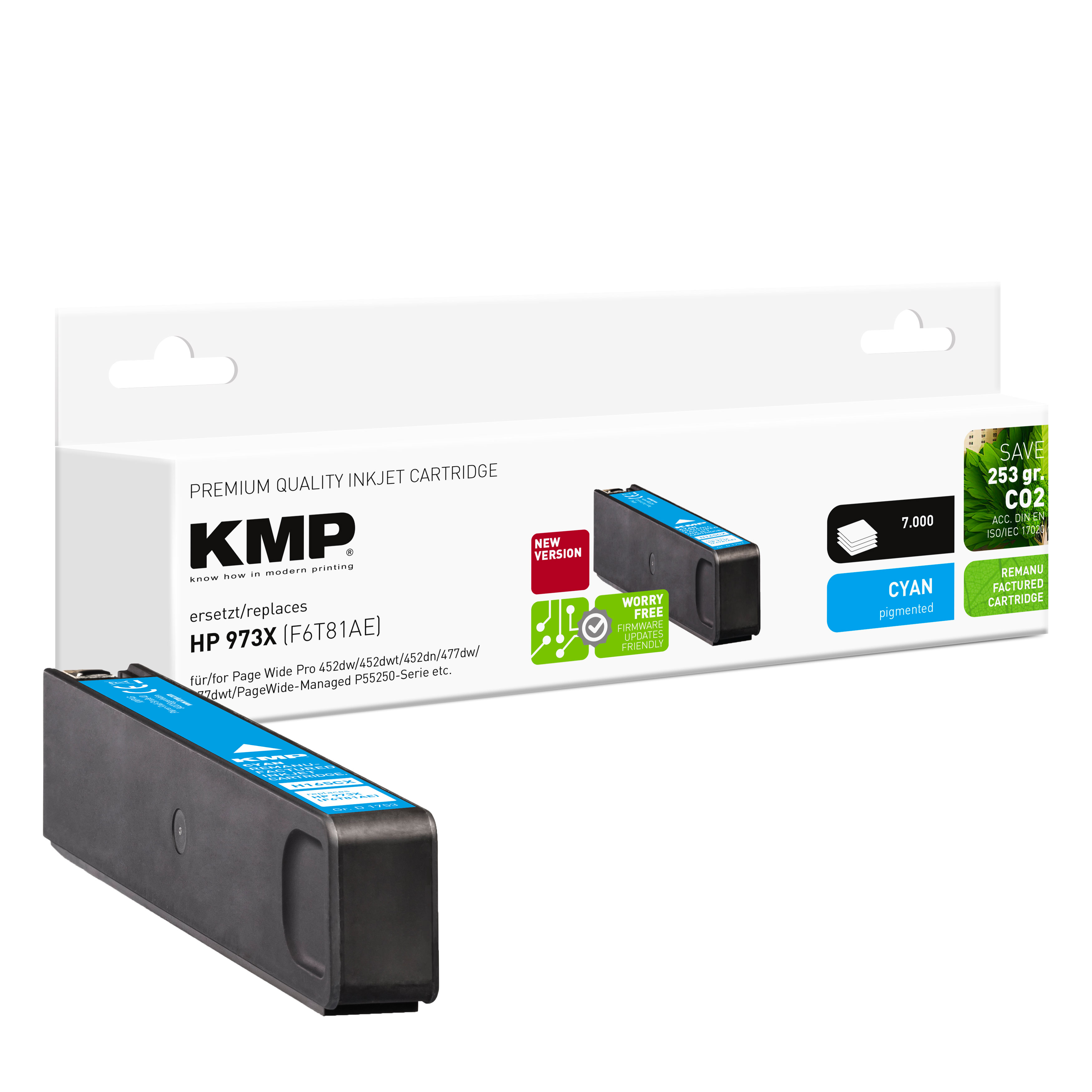 Cartuccia a getto d'inchiostro KMP ciano. La scatola mostra HP 973X e 'Premium Quality'.