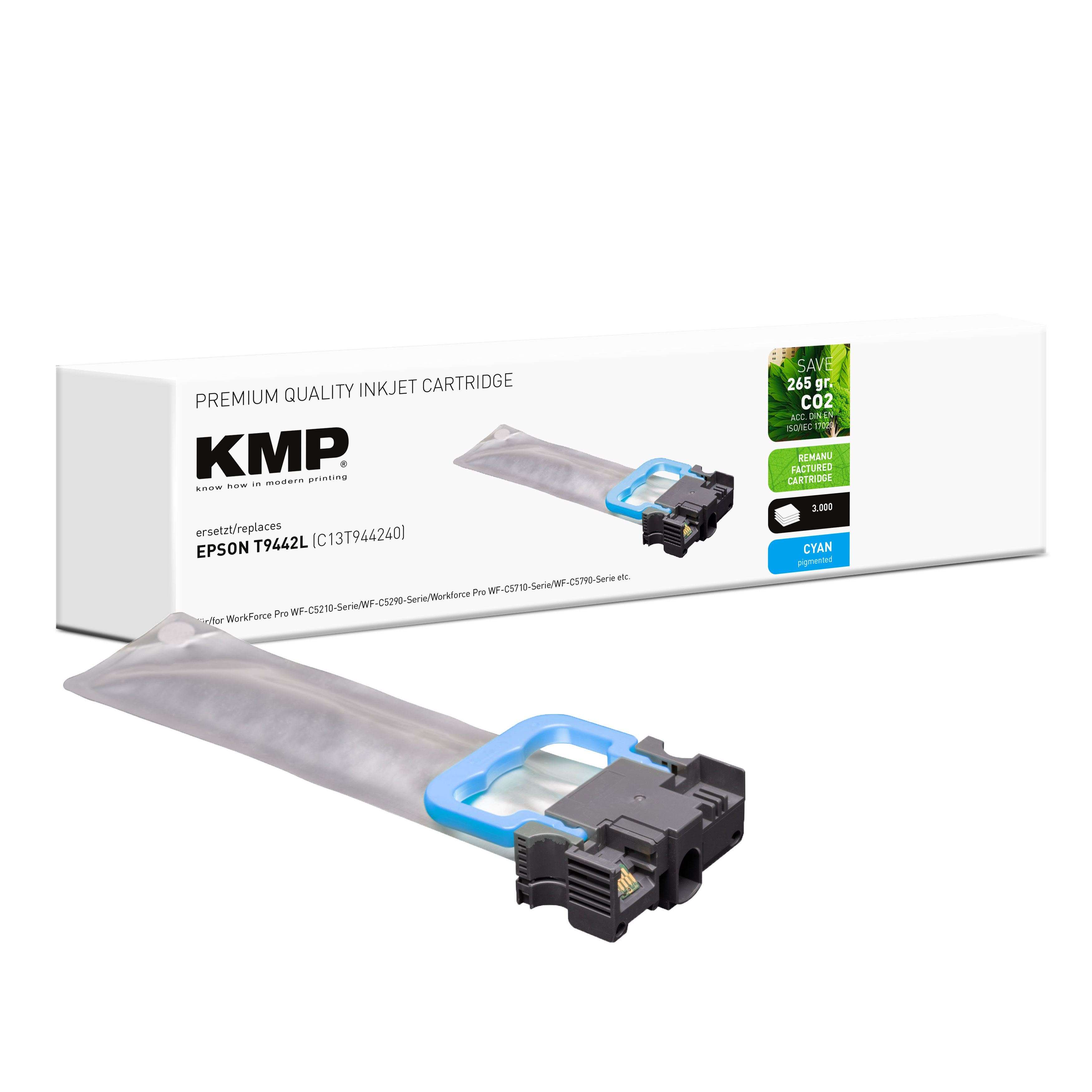 Cyanfarbene KMP-Tintenpatrone. Die Box zeigt Epson T9442L und 'Premium Quality'.