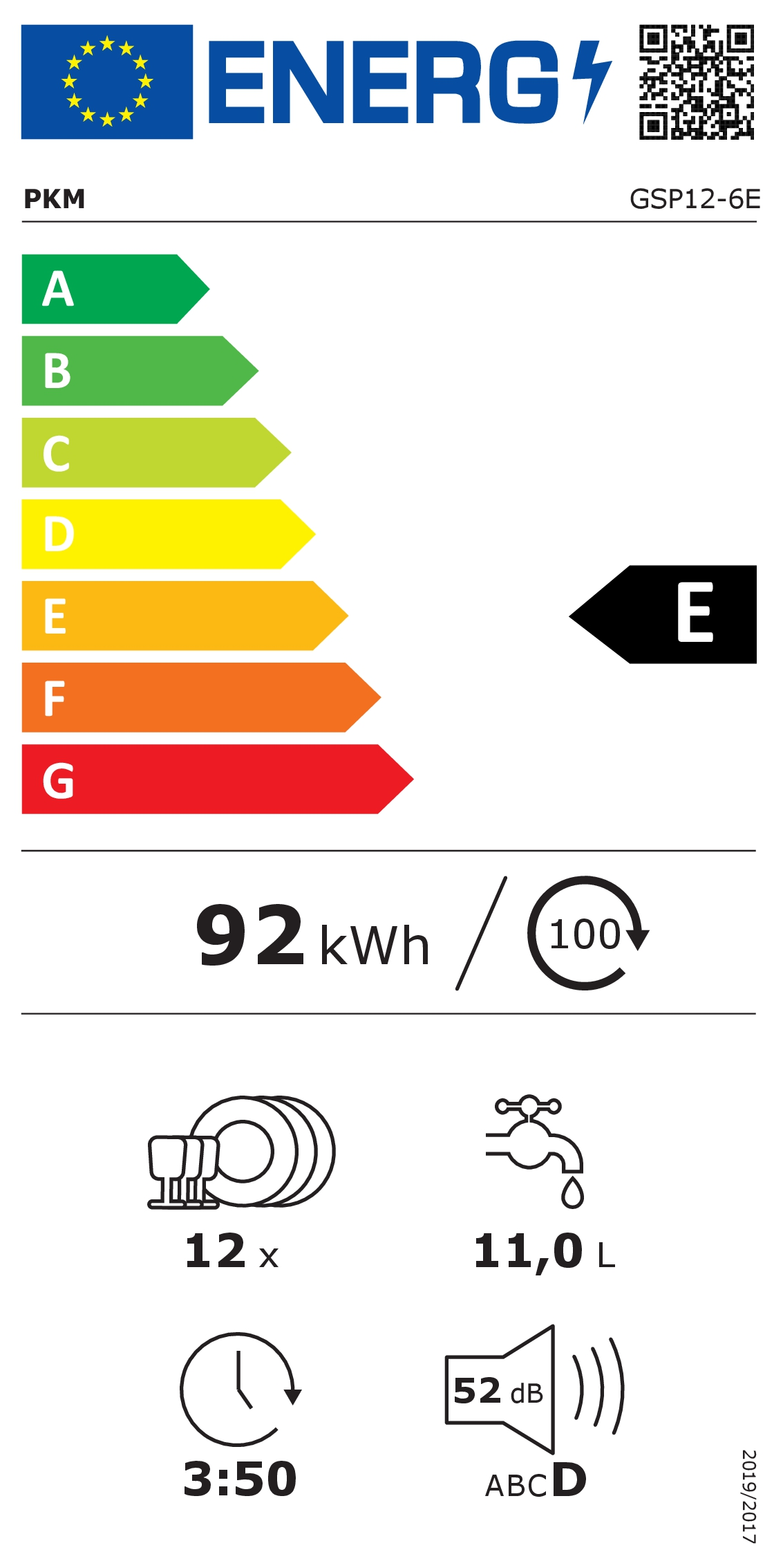 Geschirrspüler-Energielabel mit einer Skala von A bis G, zeigt Effizienz und Verbrauch.