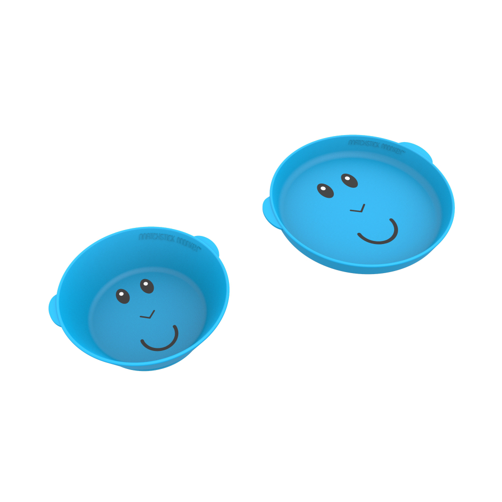 Zwei hellblaue Schalen mit lächelnden Gesichtern. Jede hat Augen und einen gebogenen Mund.