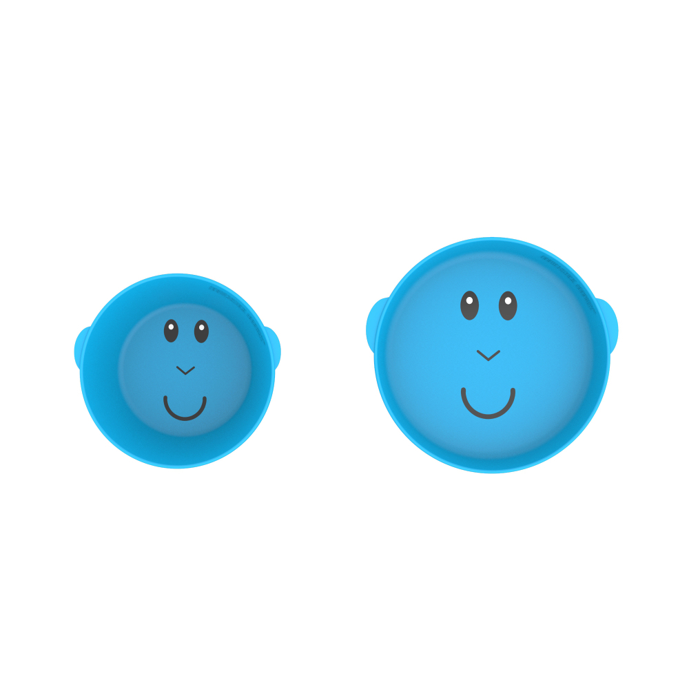 Zwei blaue Schalen. Eine kleinere Schale links, eine größere rechts.