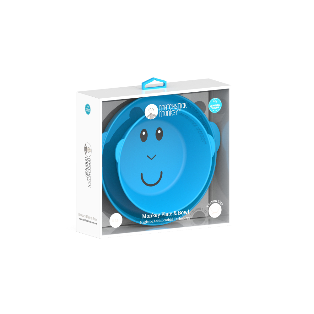 Ein verpacktes Set mit blauem Teller und Schüssel. Es hat ein lächelndes Gesichtsdesign, für Babys.