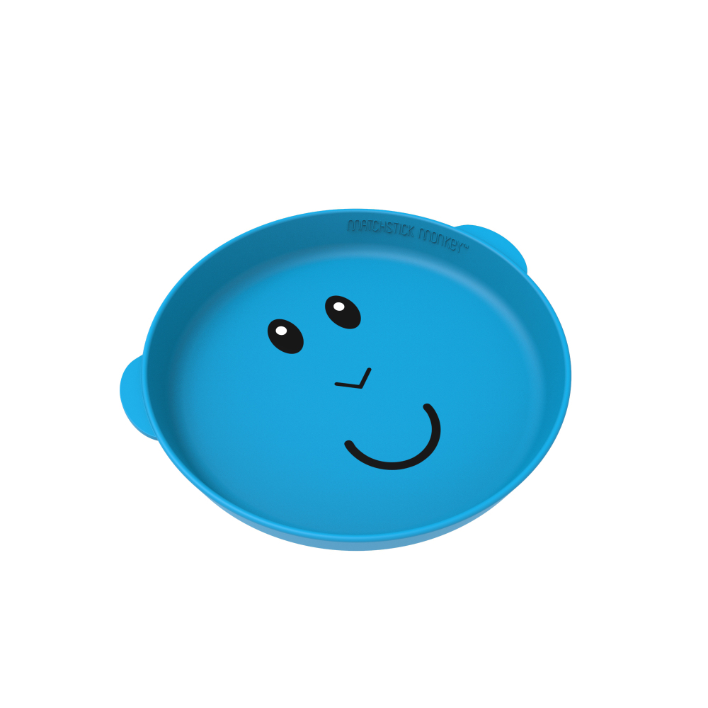 Eine blaue, runde Babyschüssel mit einem Cartoon-Gesicht. Sie hat zwei kleine Griffe.