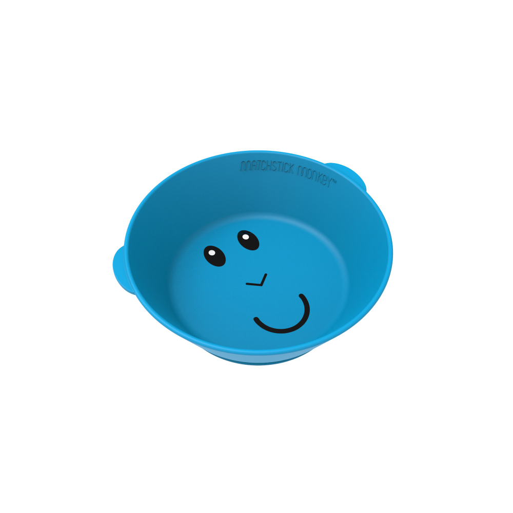 Eine blaue, runde Babyschüssel mit einem Cartoon-Gesicht. Die Schüssel hat ein lächelndes Gesicht.