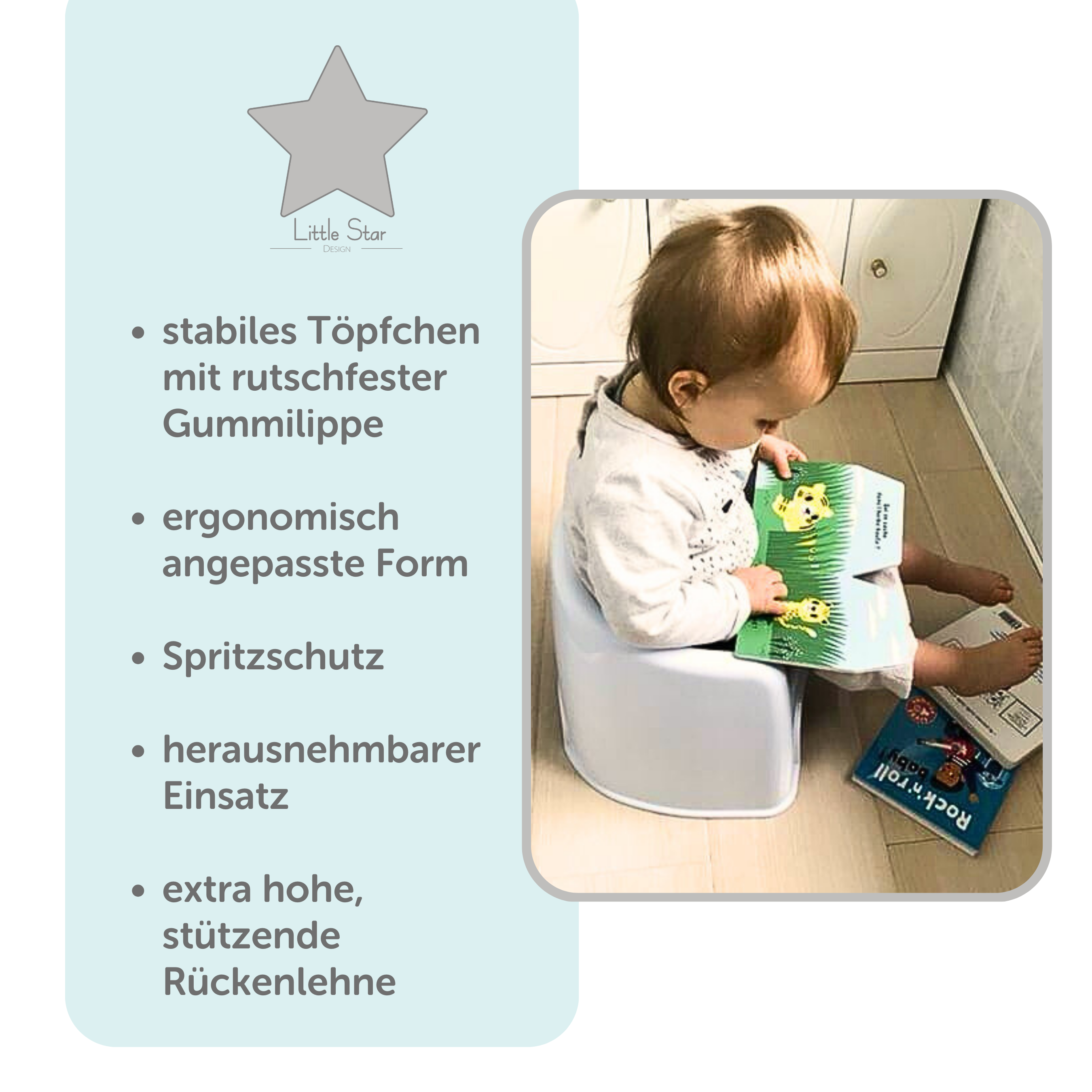 Kind liest Buch auf Töpfchen. Text: Stabiles Töpfchen, ergonomische Form, Spritzschutz, herausnehmbarer Einsatz.